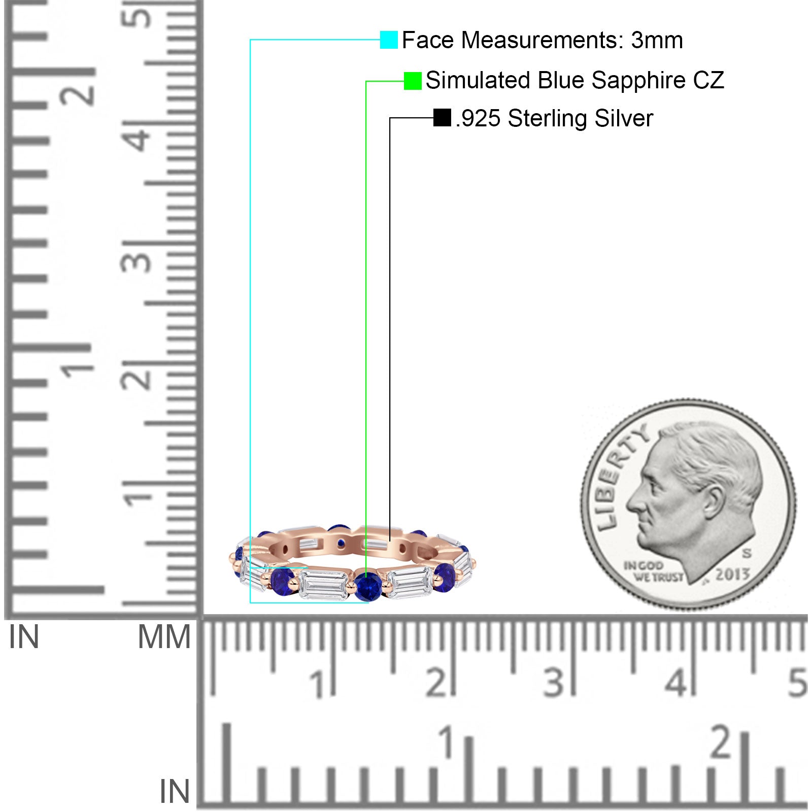 Full Eternity 3mm Emerald Cut & Round Cubic Zirconia Wedding Band 925 Sterling Silver