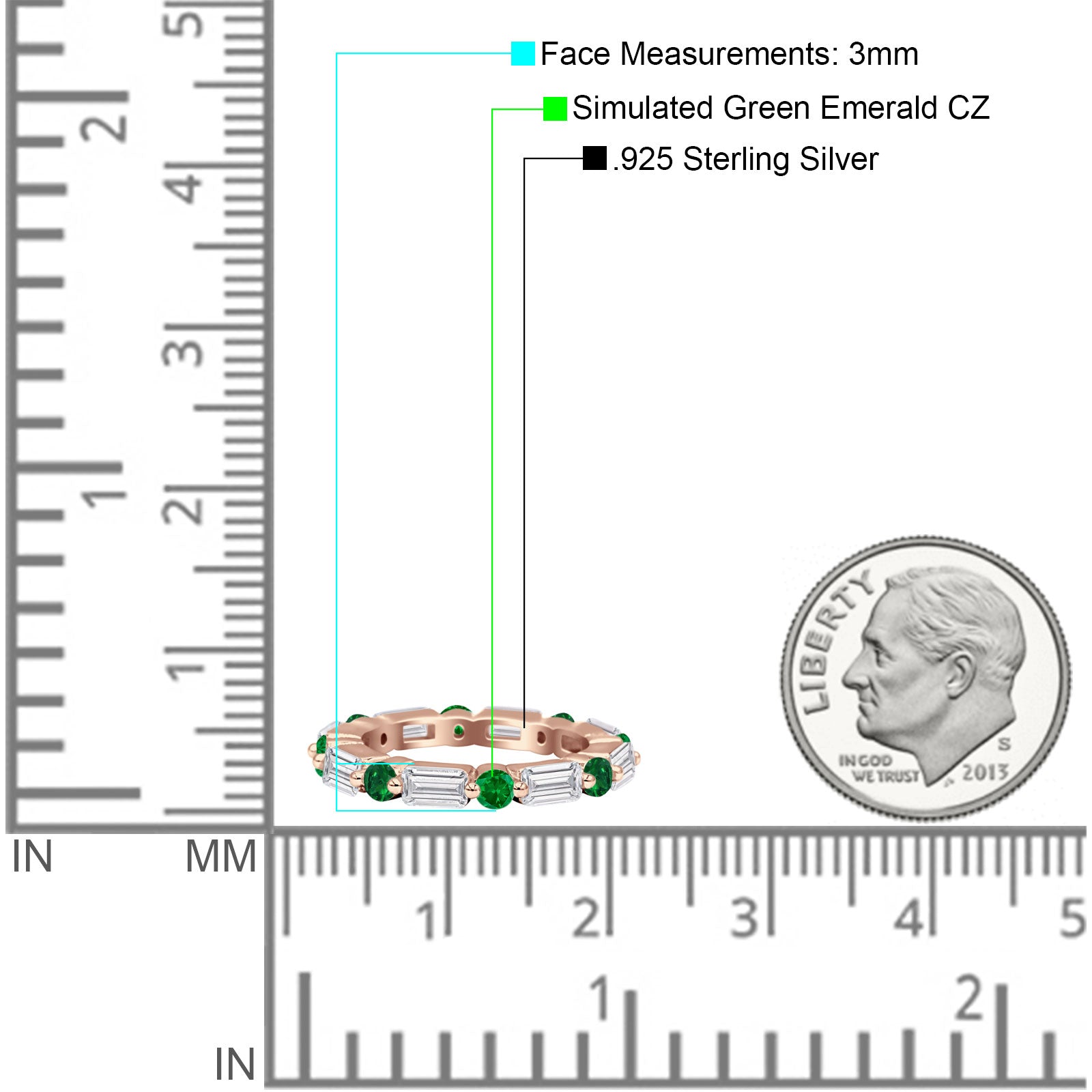 Full Eternity 3mm Emerald Cut & Round Cubic Zirconia Wedding Band 925 Sterling Silver