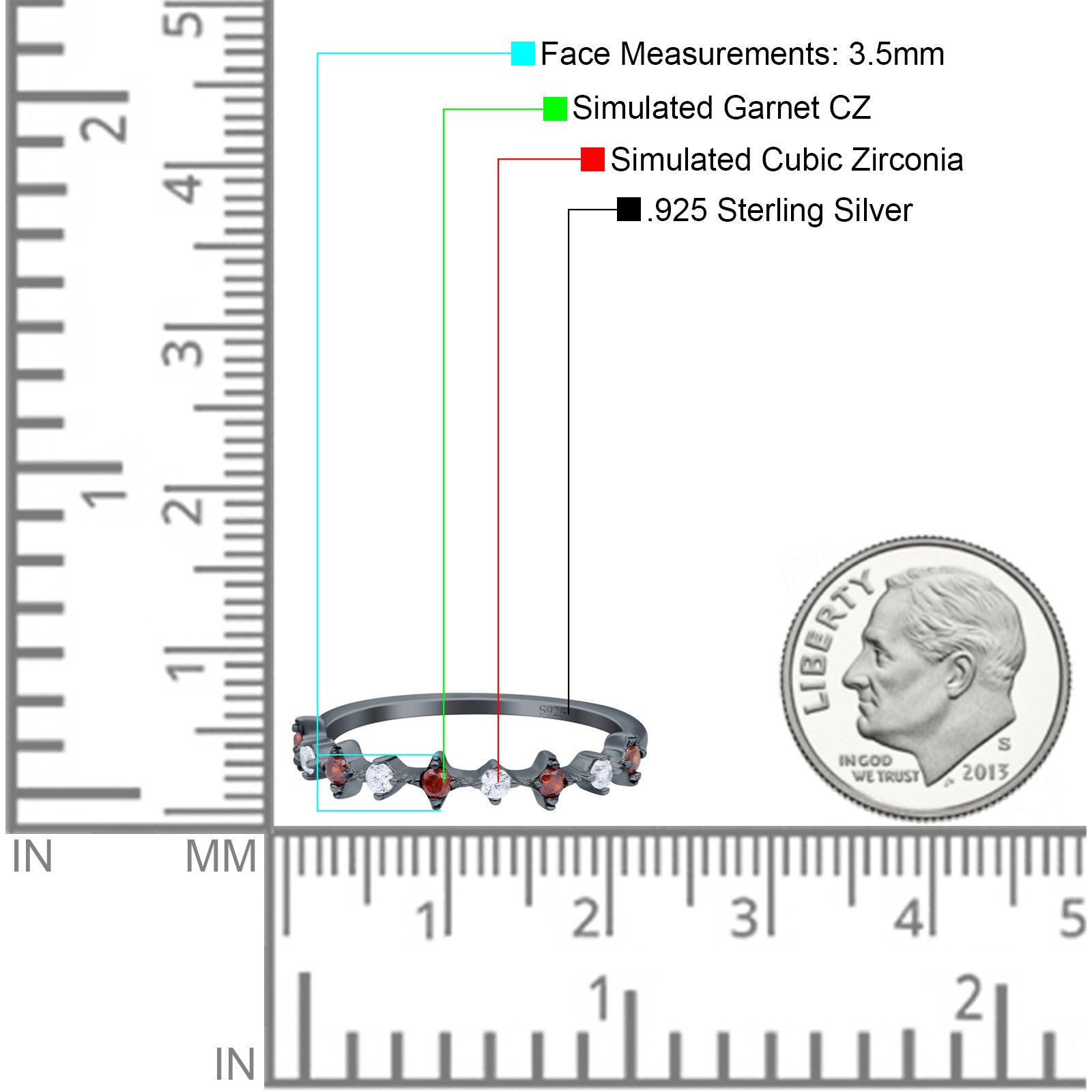Half Eternity Ring Wedding Engagement Band Round Simulated Garnet Cubic Zirconia 925 Sterling Silver (3.5mm)