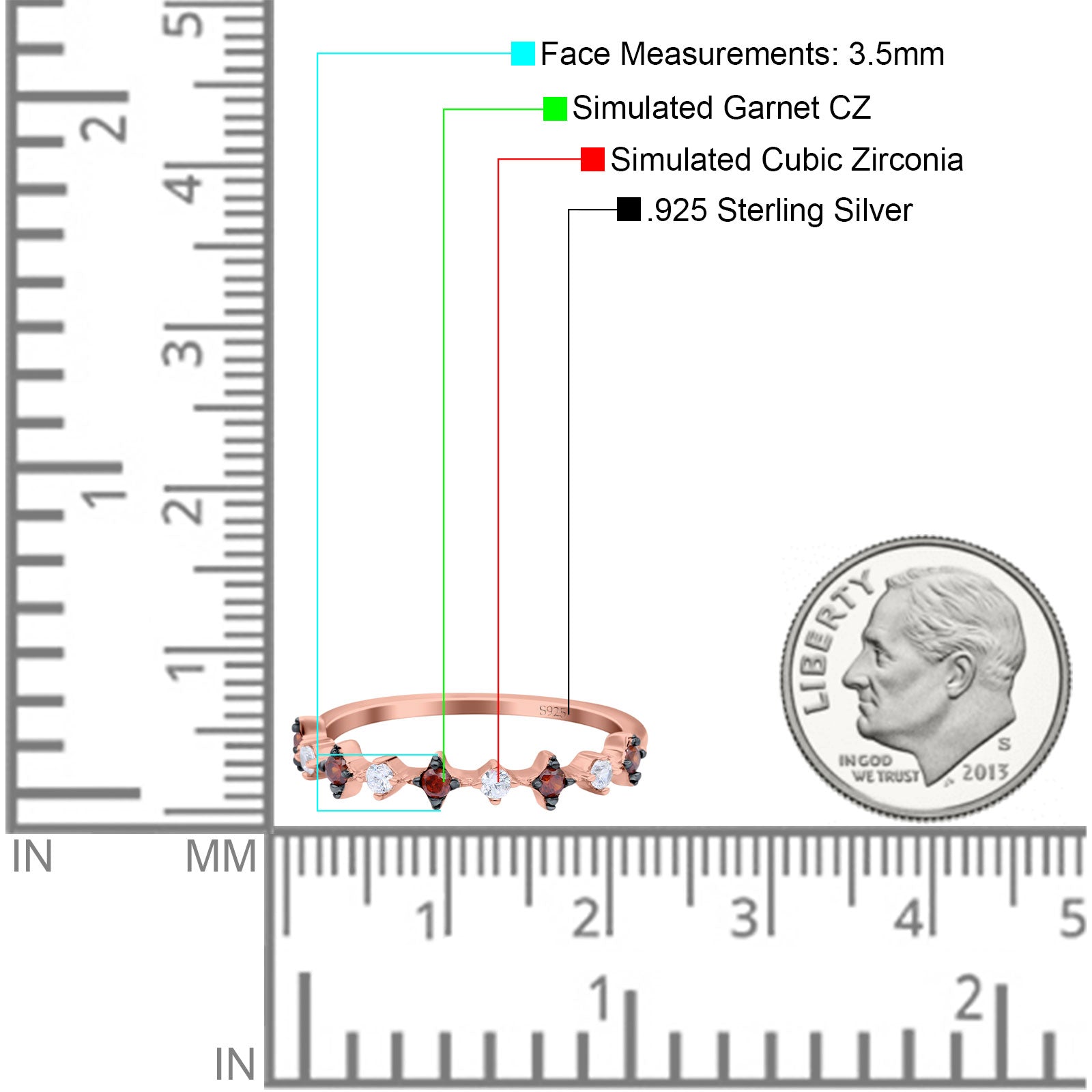 Half Eternity Ring Wedding Engagement Band Round Simulated Garnet Cubic Zirconia 925 Sterling Silver (3.5mm)