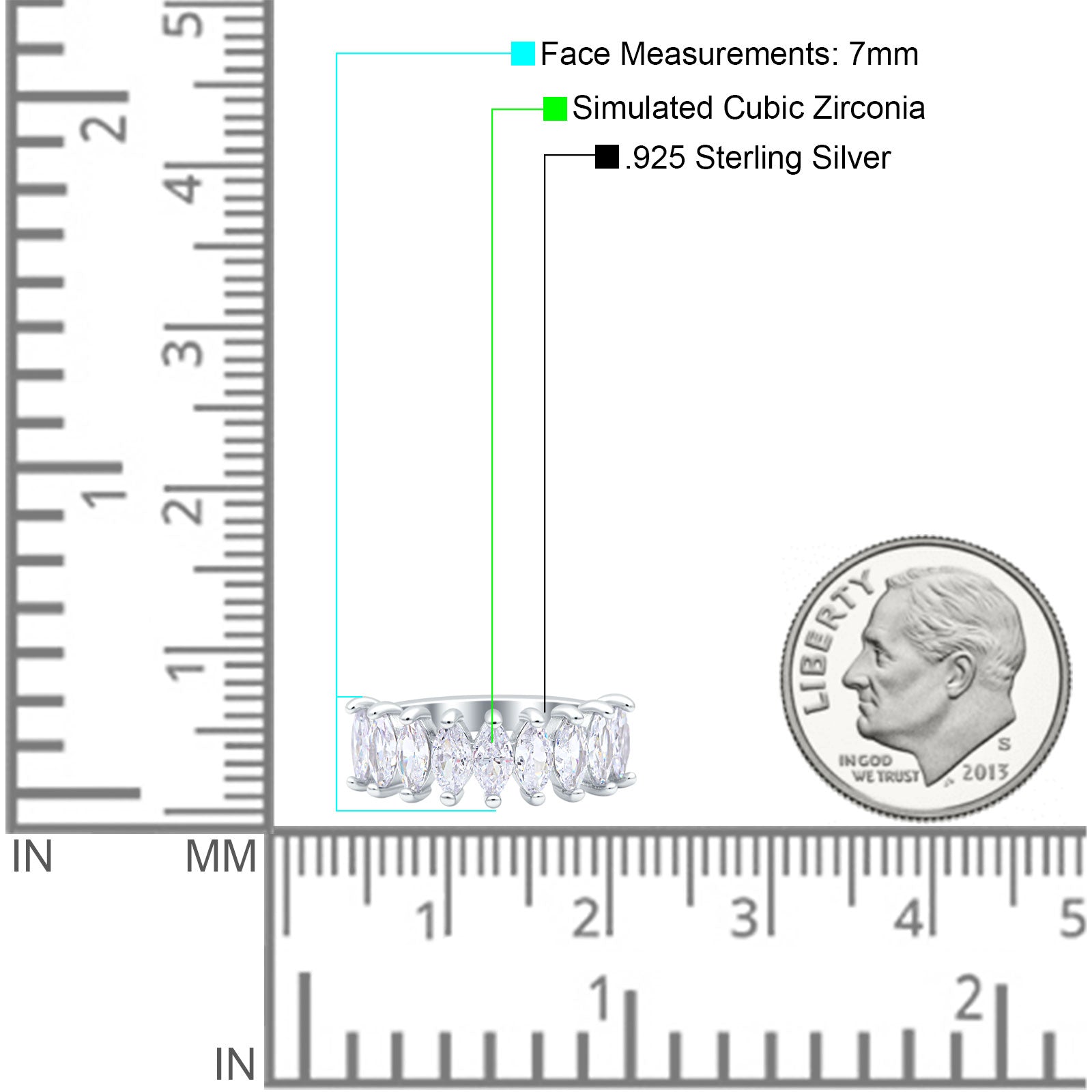 Half Eternity Marquise Ring Wedding Engagement Band Simulated Cubic Zirconia 925 Sterling Silver (7mm)