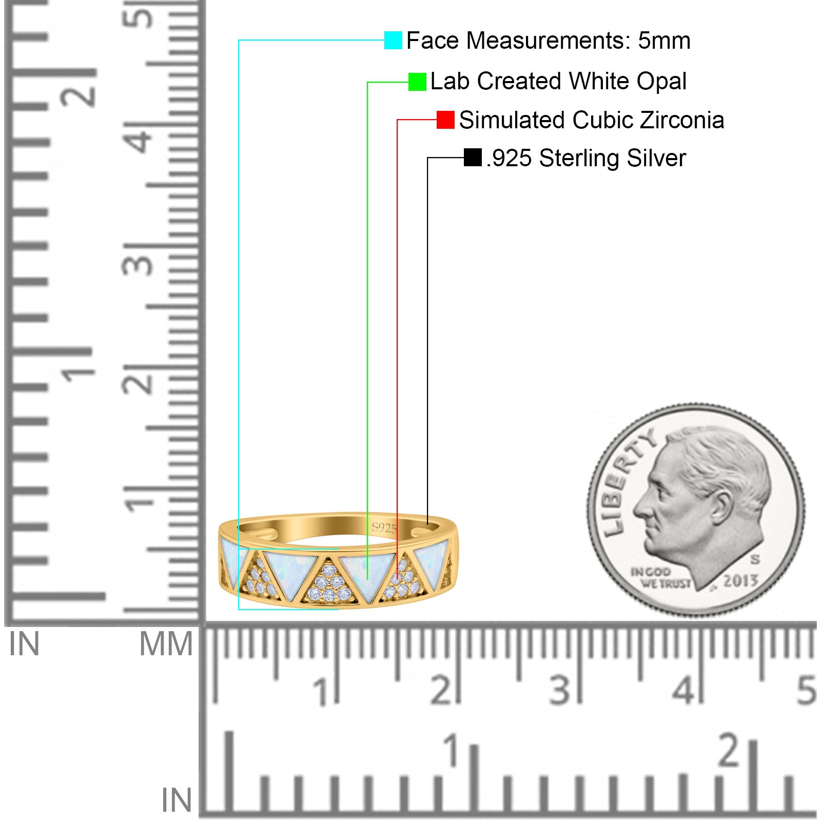 Half Eternity Ring Wedding Engagement Band Triangle White Opal Simulated Cubic Zirconia 925 Sterling Silver
