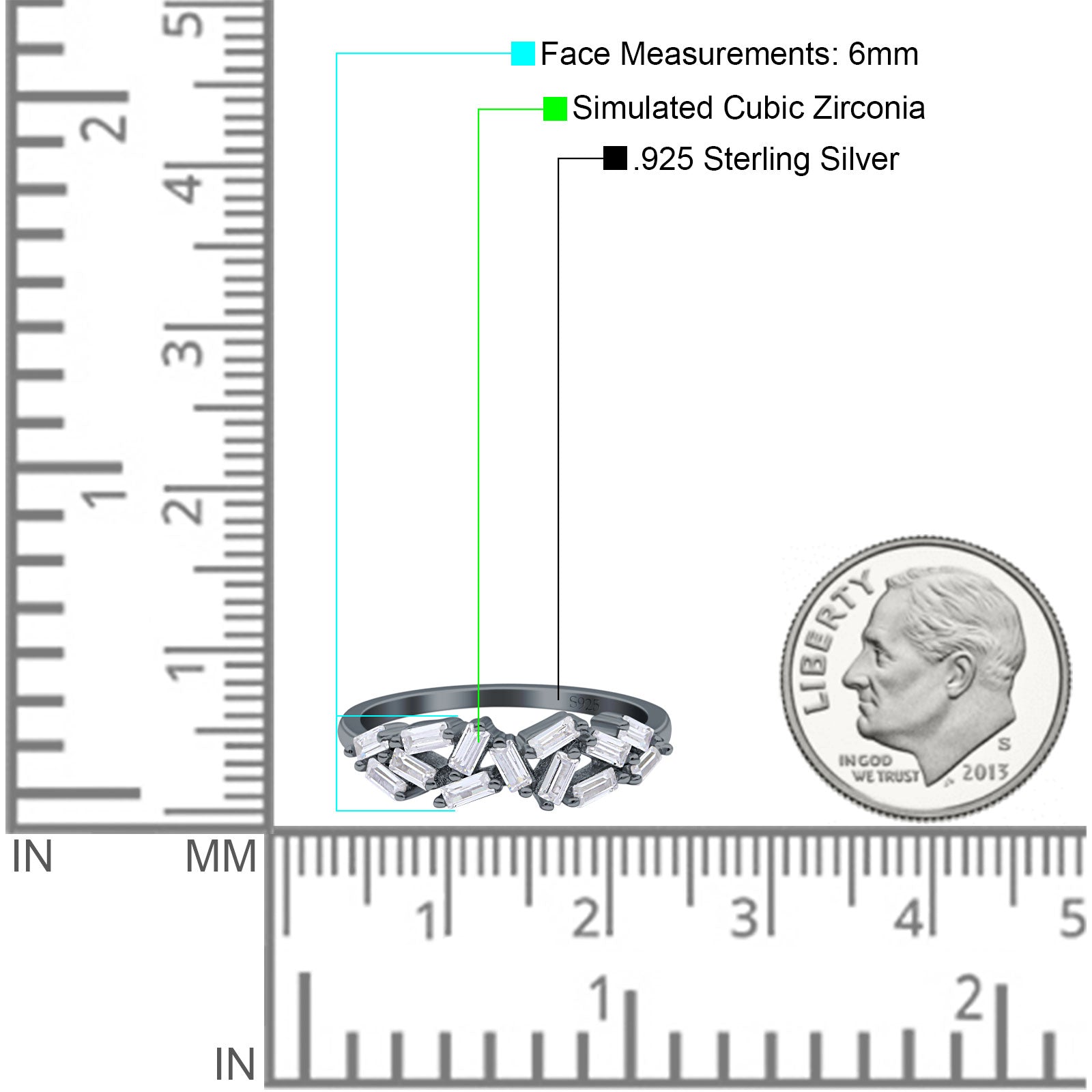 Half Eternity Ring Wedding Engagement Band Baguette Simulated Cubic Zirconia 925 Sterling Silver (6mm)