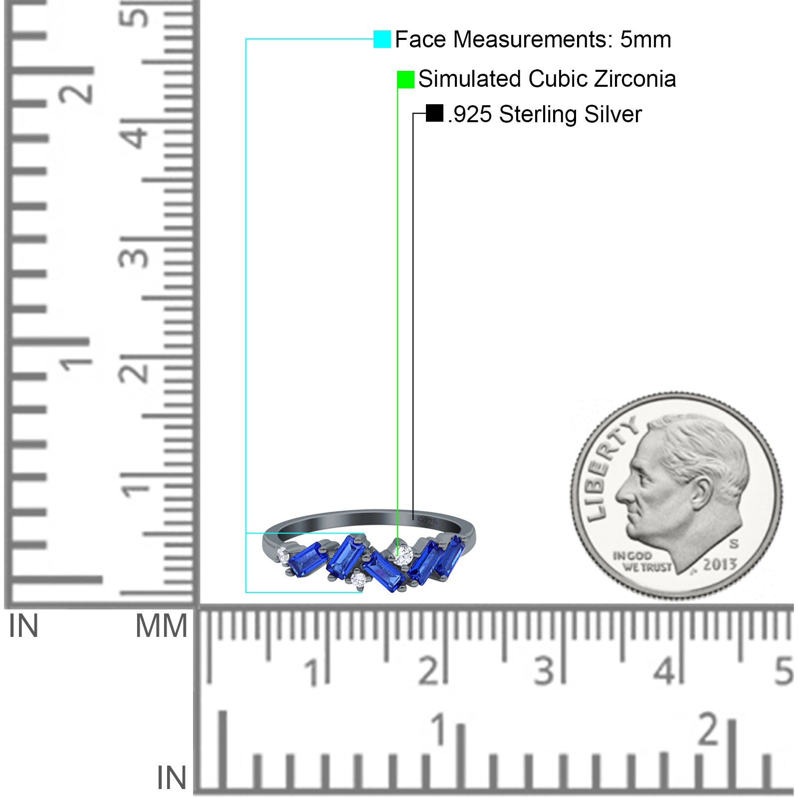 Half Eternity Baguette Ring Band Simulated Blue Sapphire CZ 925 Sterling Silver (5mm)