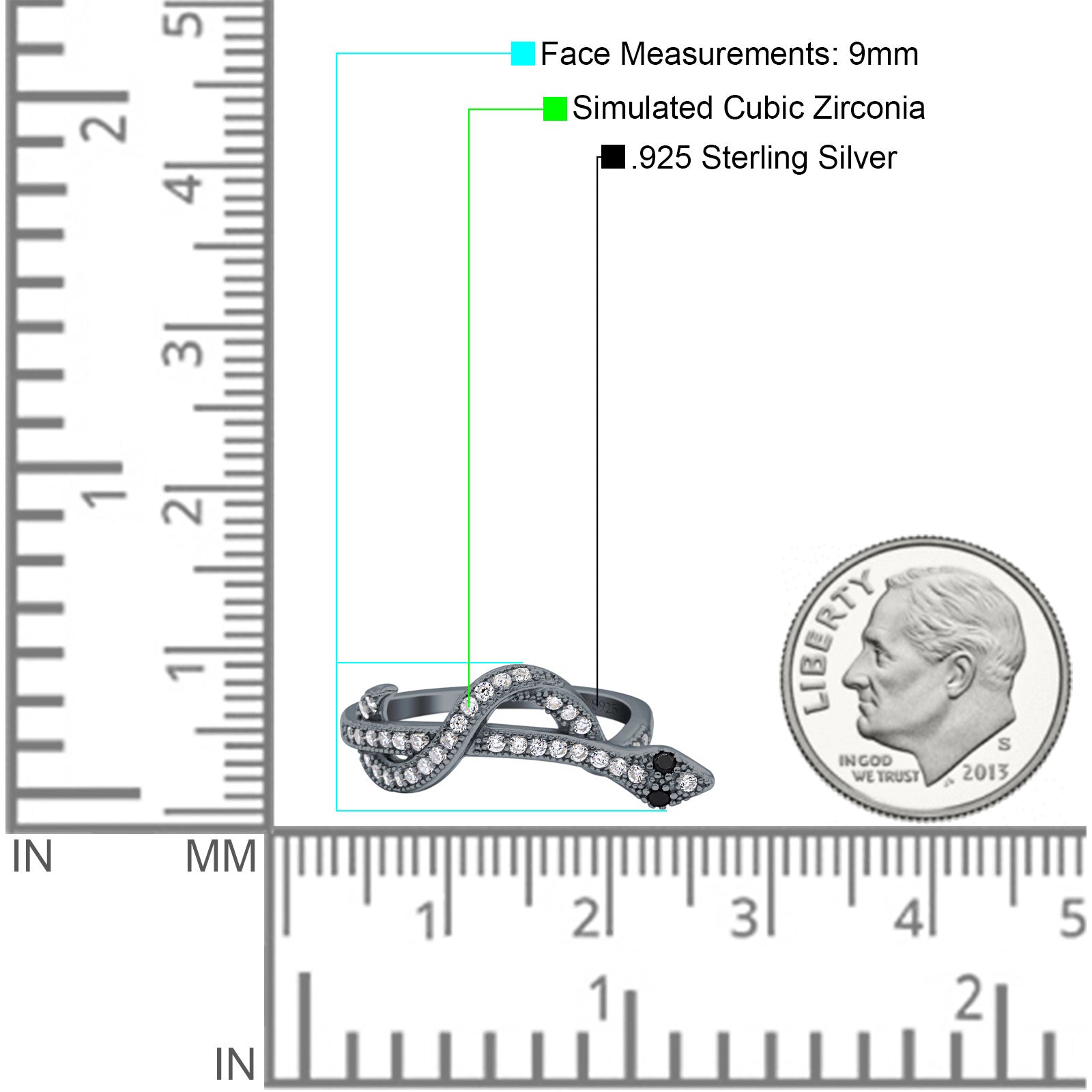 Half Eternity Snake Ring Band Simulated Cubic Zirconia 925 Sterling Silver (9mm)