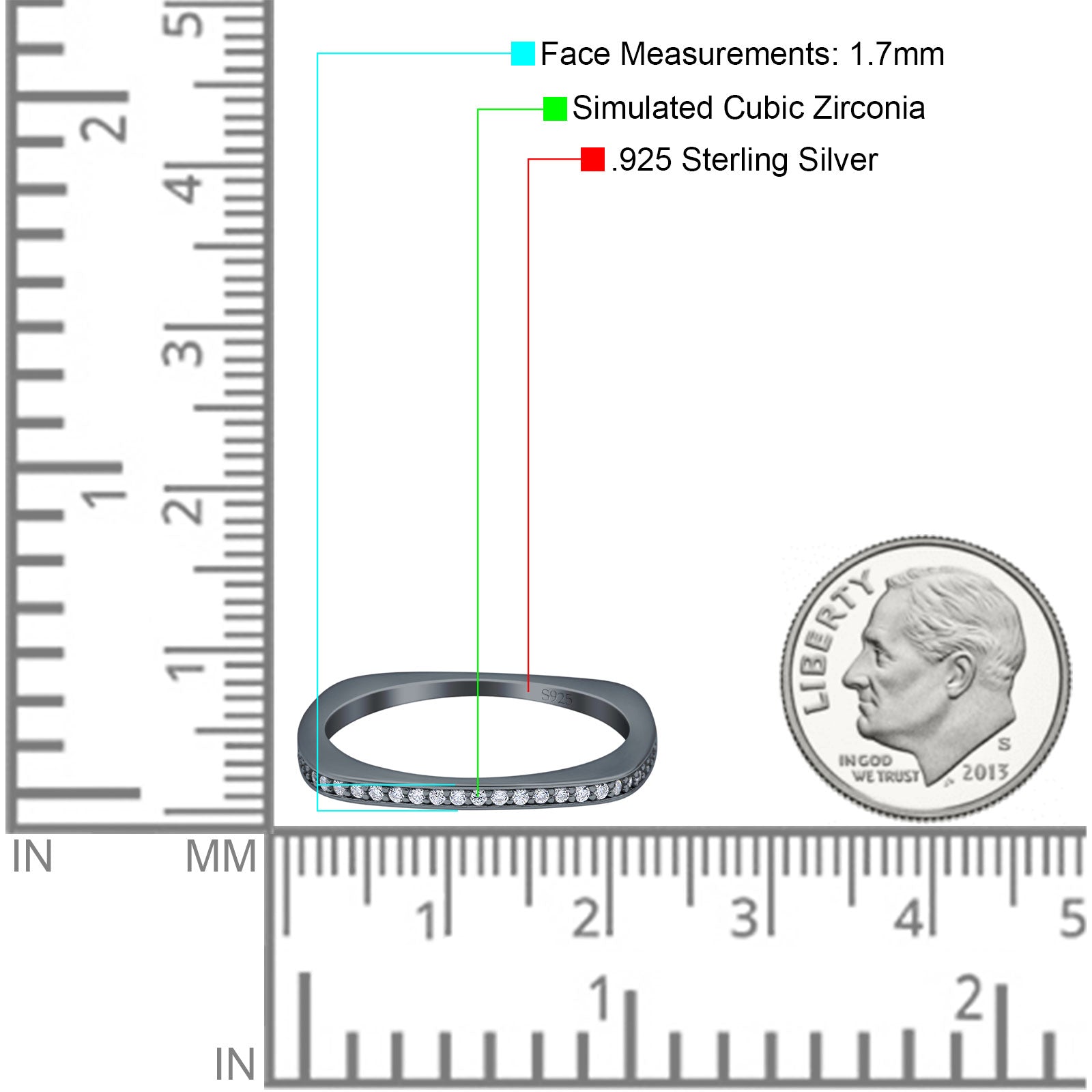 Half Eternity Ring Wedding Engagement Band Round Simulated Cubic Zirconia 925 Sterling Silver (1.7mm)