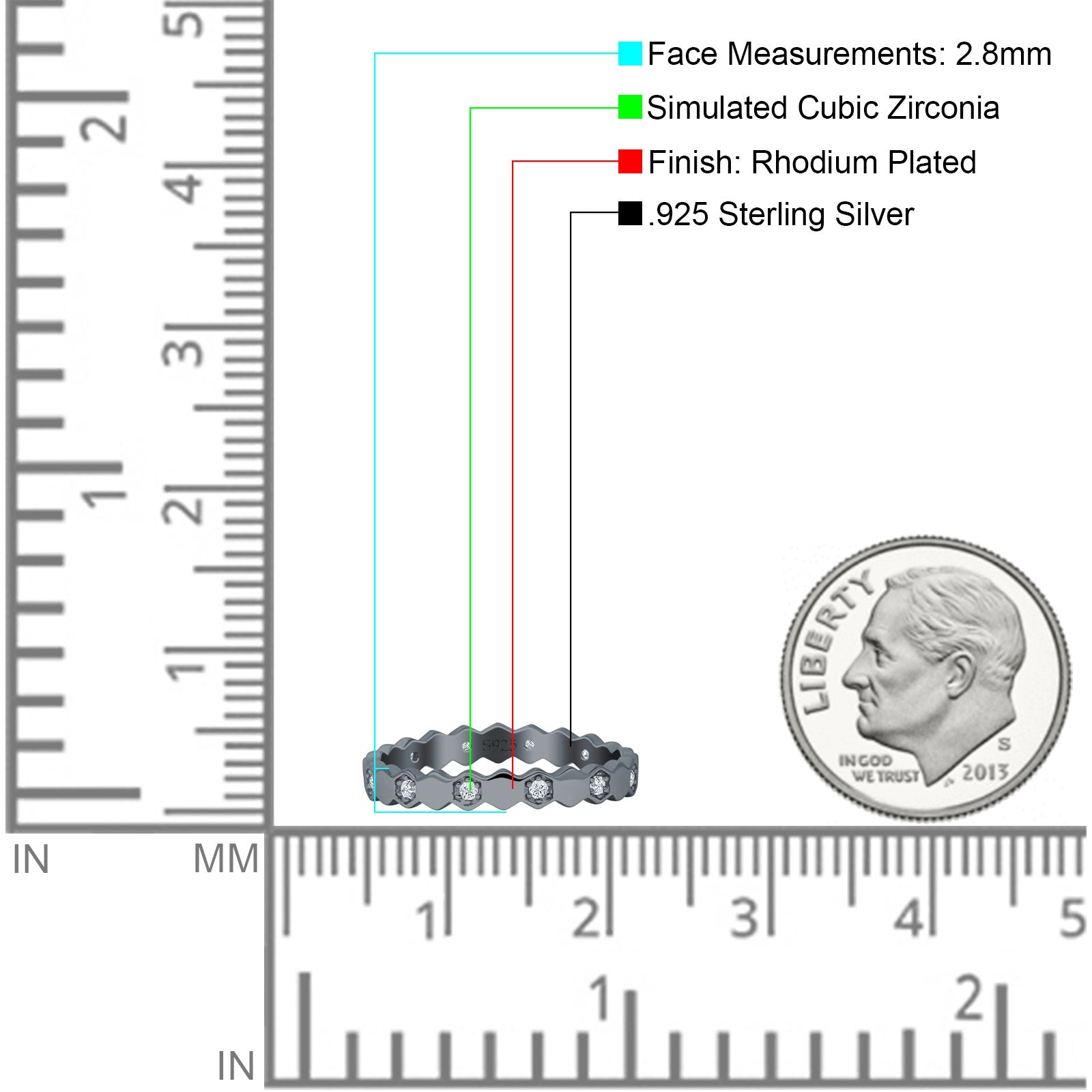 Full Eternity Hexagonal Stackable Band Cubic Zirconia 925 Sterling Silver