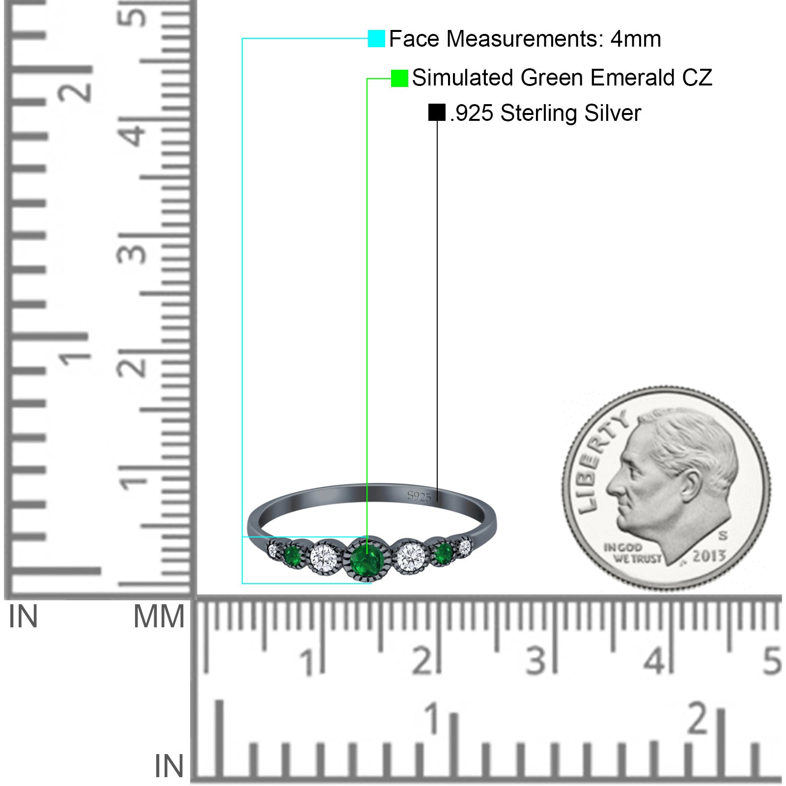 Half Eternity Band Round Simulated Green Emerald Cubic Zirconia 925 Sterling Silver (4mm)