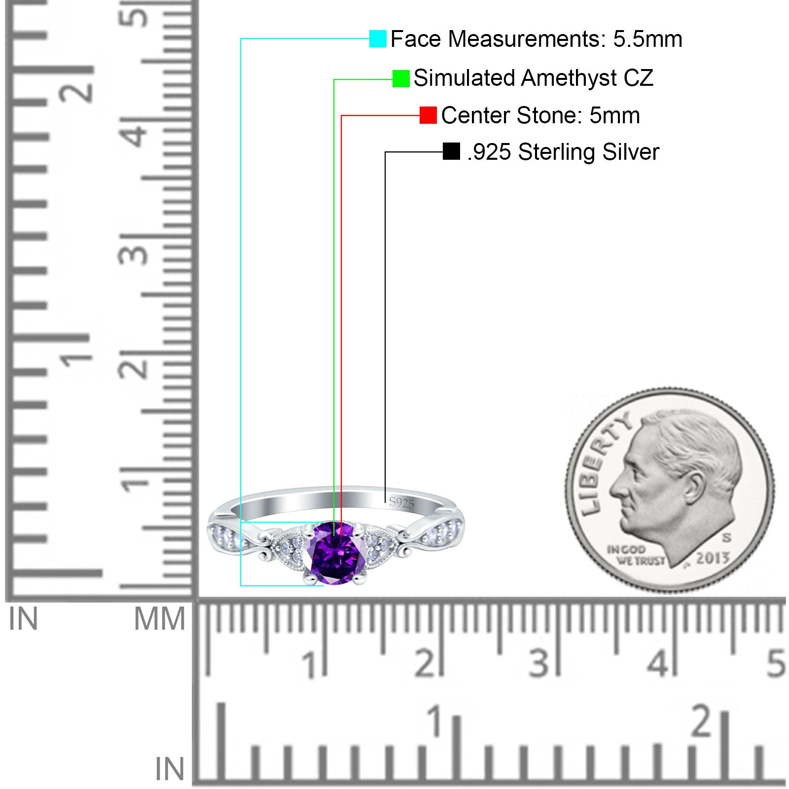 Heart Filigree Art Deco Wedding Bridal Ring Round Simulated Cubic Zirconia 925 Sterling Silver