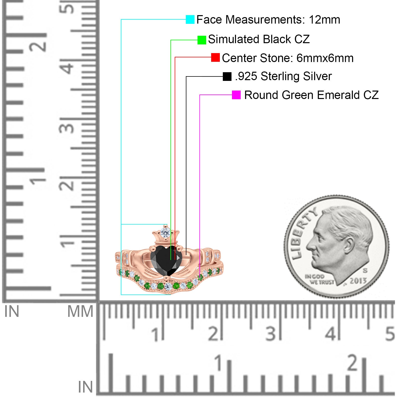 Claddagh Accent Heart Wedding Bridal Set Piece Ring Band Round Green Emerald Simulated Cubic Zirconia 925 Sterling Silver