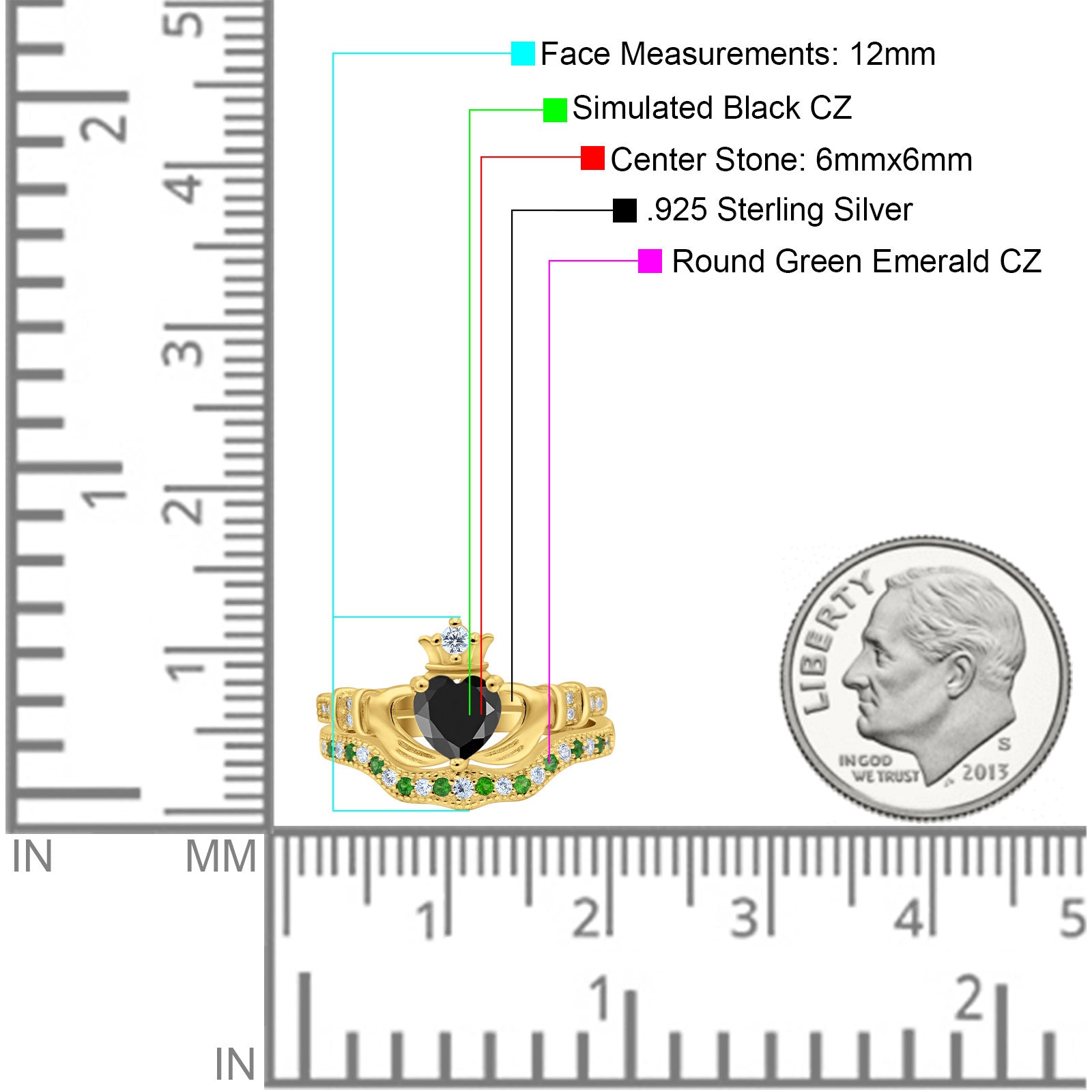 Claddagh Accent Heart Wedding Bridal Set Piece Ring Band Round Green Emerald Simulated Cubic Zirconia 925 Sterling Silver