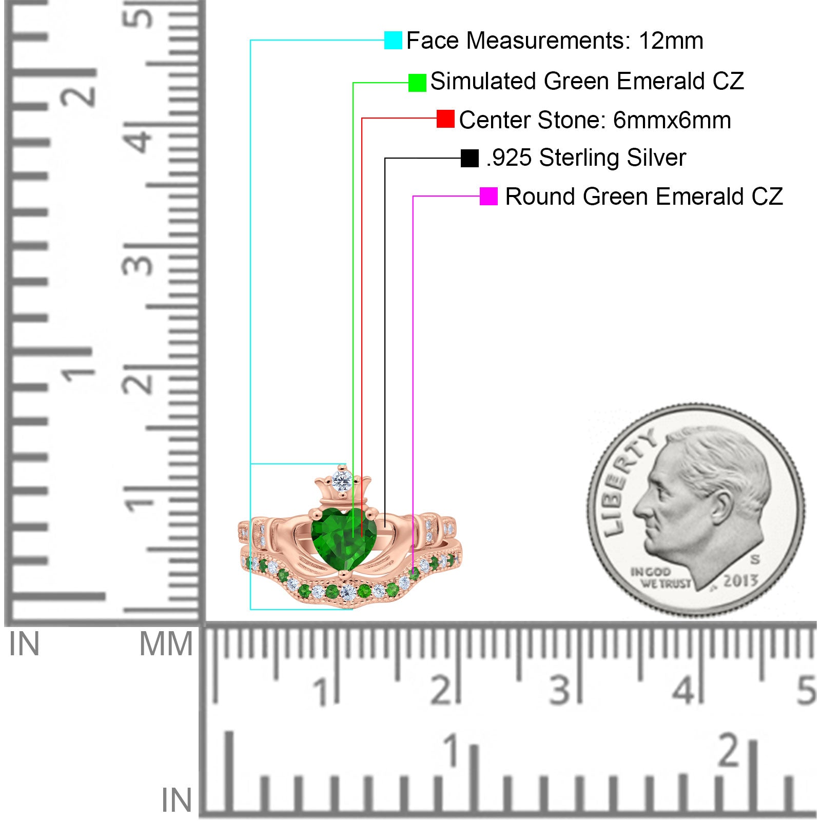 Claddagh Accent Heart Wedding Bridal Set Piece Ring Band Round Green Emerald Simulated Cubic Zirconia 925 Sterling Silver