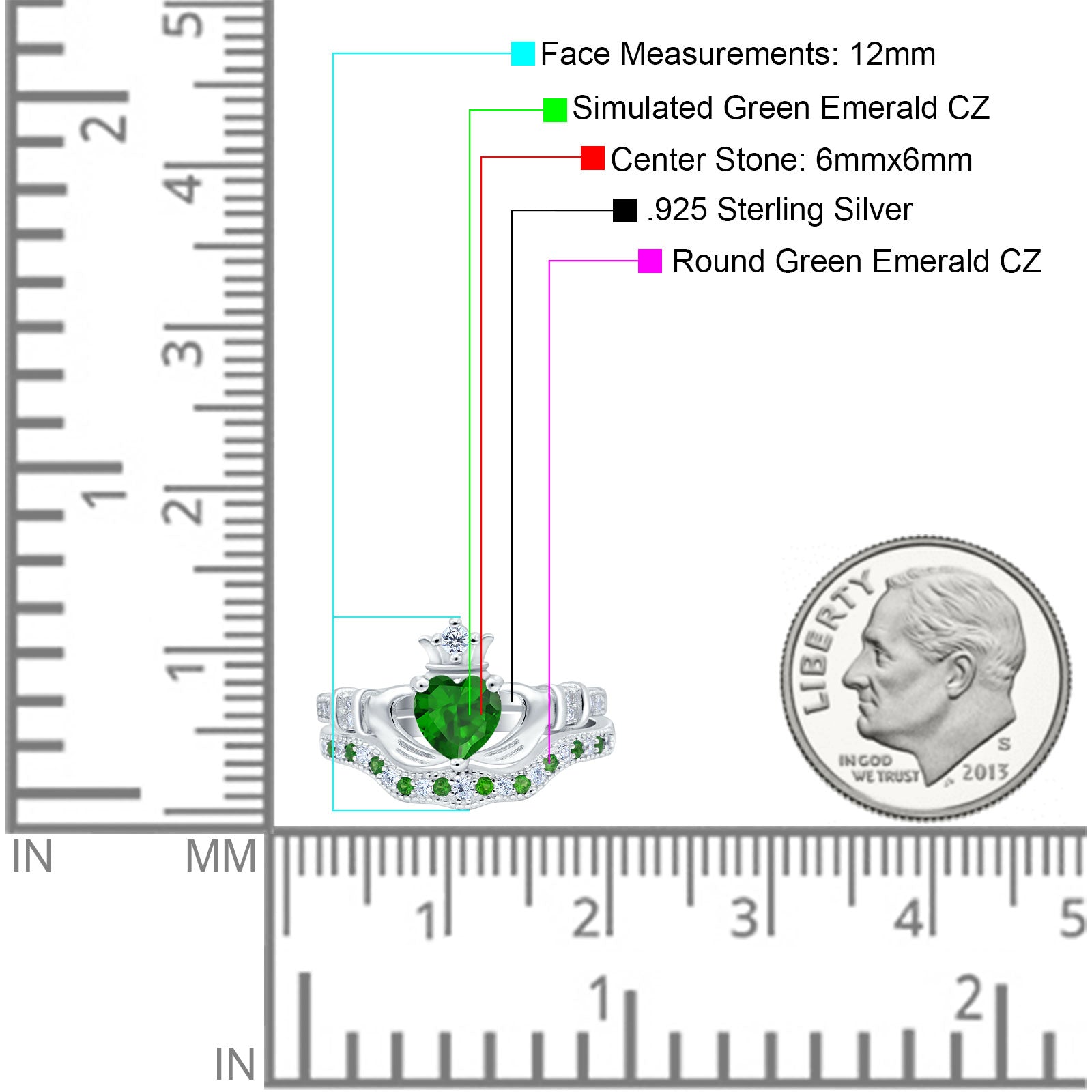 Claddagh Accent Heart Wedding Bridal Set Piece Ring Band Round Green Emerald Simulated Cubic Zirconia 925 Sterling Silver