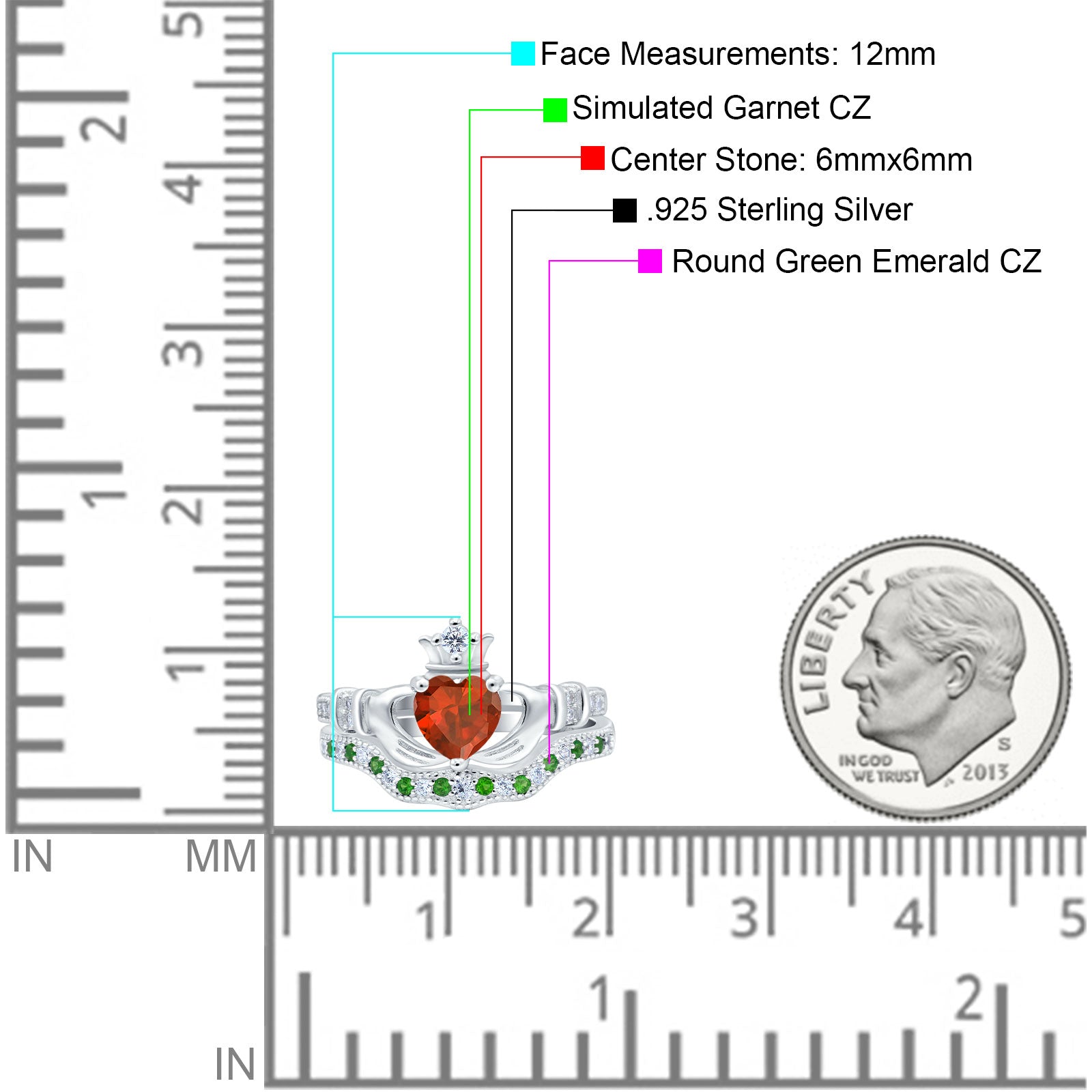 Claddagh Accent Heart Wedding Bridal Set Piece Ring Band Round Green Emerald Simulated Cubic Zirconia 925 Sterling Silver