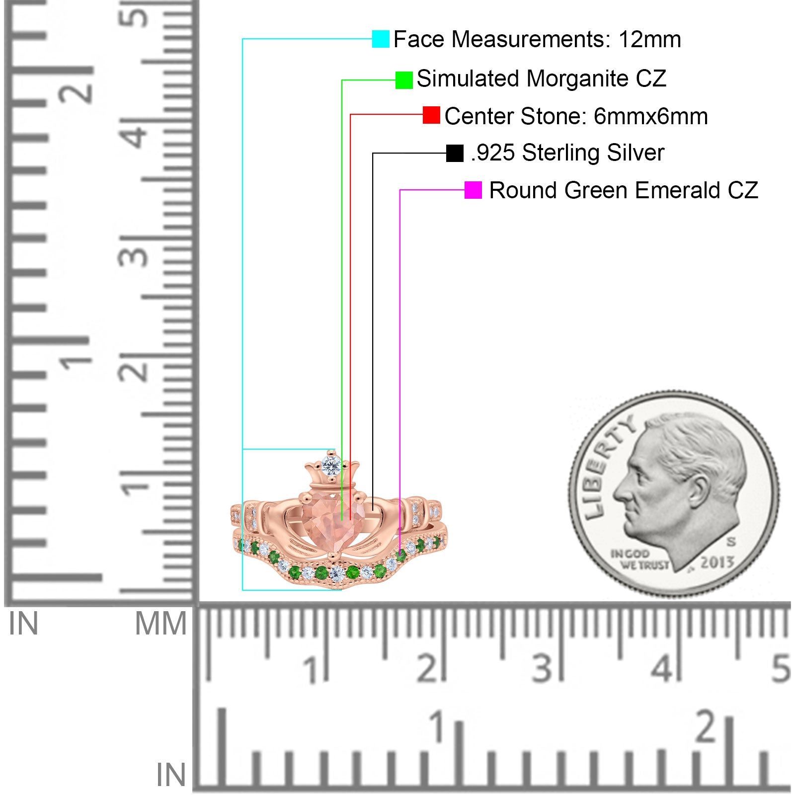 Claddagh Accent Heart Wedding Bridal Set Piece Ring Band Round Green Emerald Simulated Cubic Zirconia 925 Sterling Silver