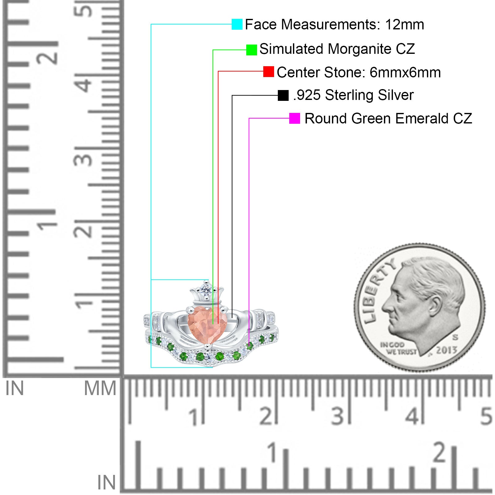 Claddagh Accent Heart Wedding Bridal Set Piece Ring Band Round Green Emerald Simulated Cubic Zirconia 925 Sterling Silver
