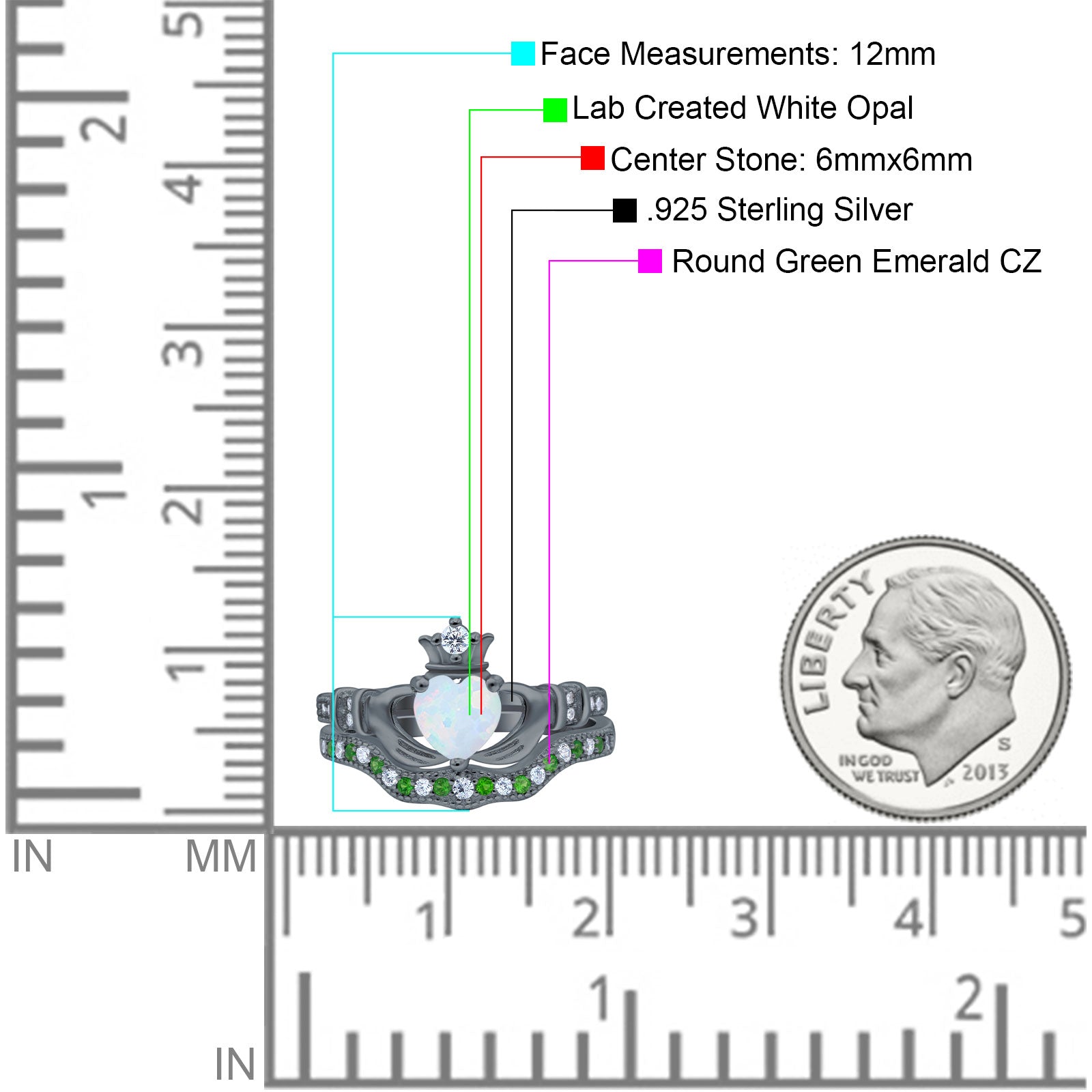 Claddagh Accent Heart Wedding Bridal Set Piece Ring Band Round Green Emerald Simulated Cubic Zirconia 925 Sterling Silver