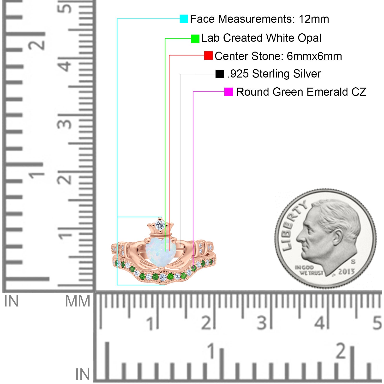 Claddagh Accent Heart Wedding Bridal Set Piece Ring Band Round Green Emerald Simulated Cubic Zirconia 925 Sterling Silver