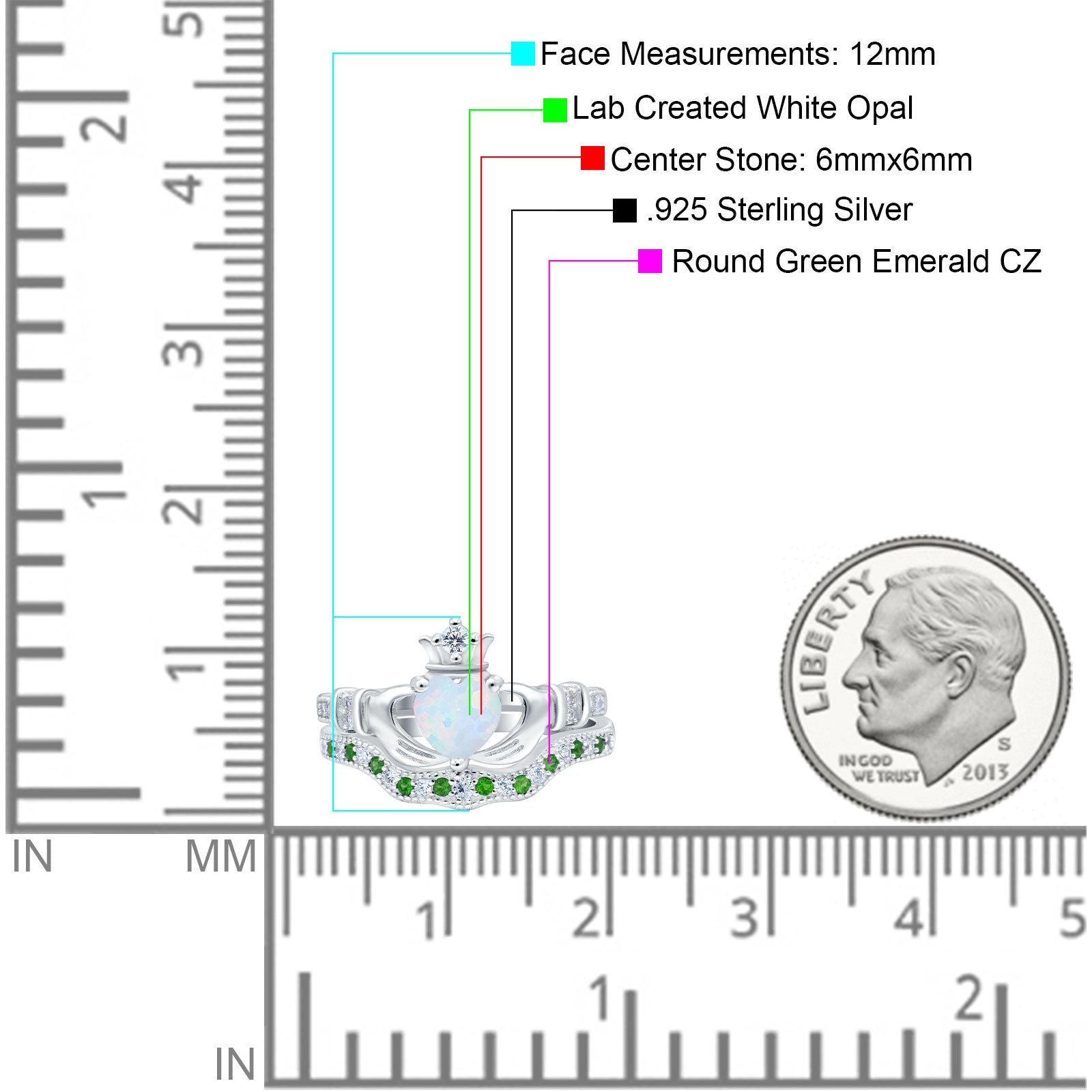 Claddagh Accent Heart Wedding Bridal Set Piece Ring Band Round Green Emerald Simulated Cubic Zirconia 925 Sterling Silver