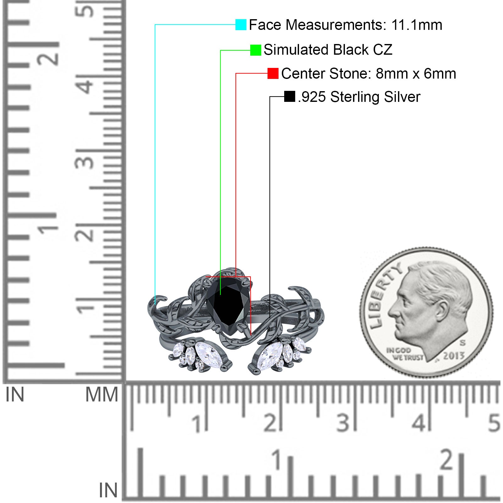 Art Deco Teardrop Pear Leaf Design Wedding Two Piece Ring Simulated Cubic Zirconia Stones 925 Sterling Silver
