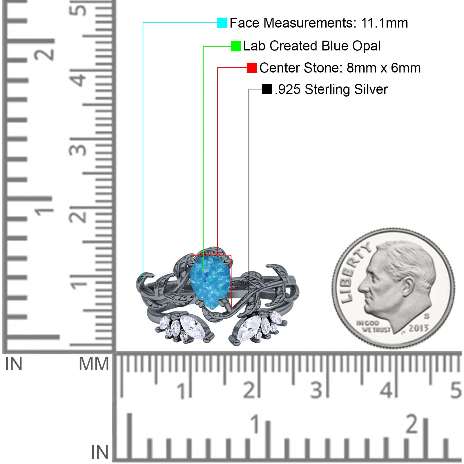 Art Deco Teardrop Pear Leaf Design Wedding Two Piece Ring Simulated Cubic Zirconia Stones 925 Sterling Silver