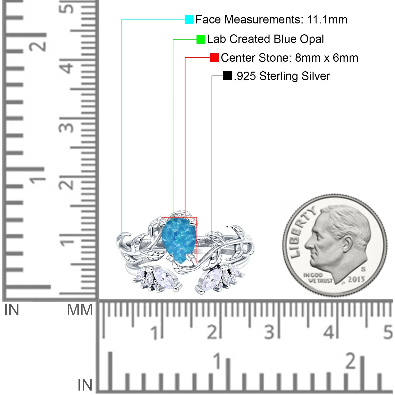 Art Deco Teardrop Pear Leaf Design Wedding Two Piece Ring Simulated Cubic Zirconia Stones 925 Sterling Silver