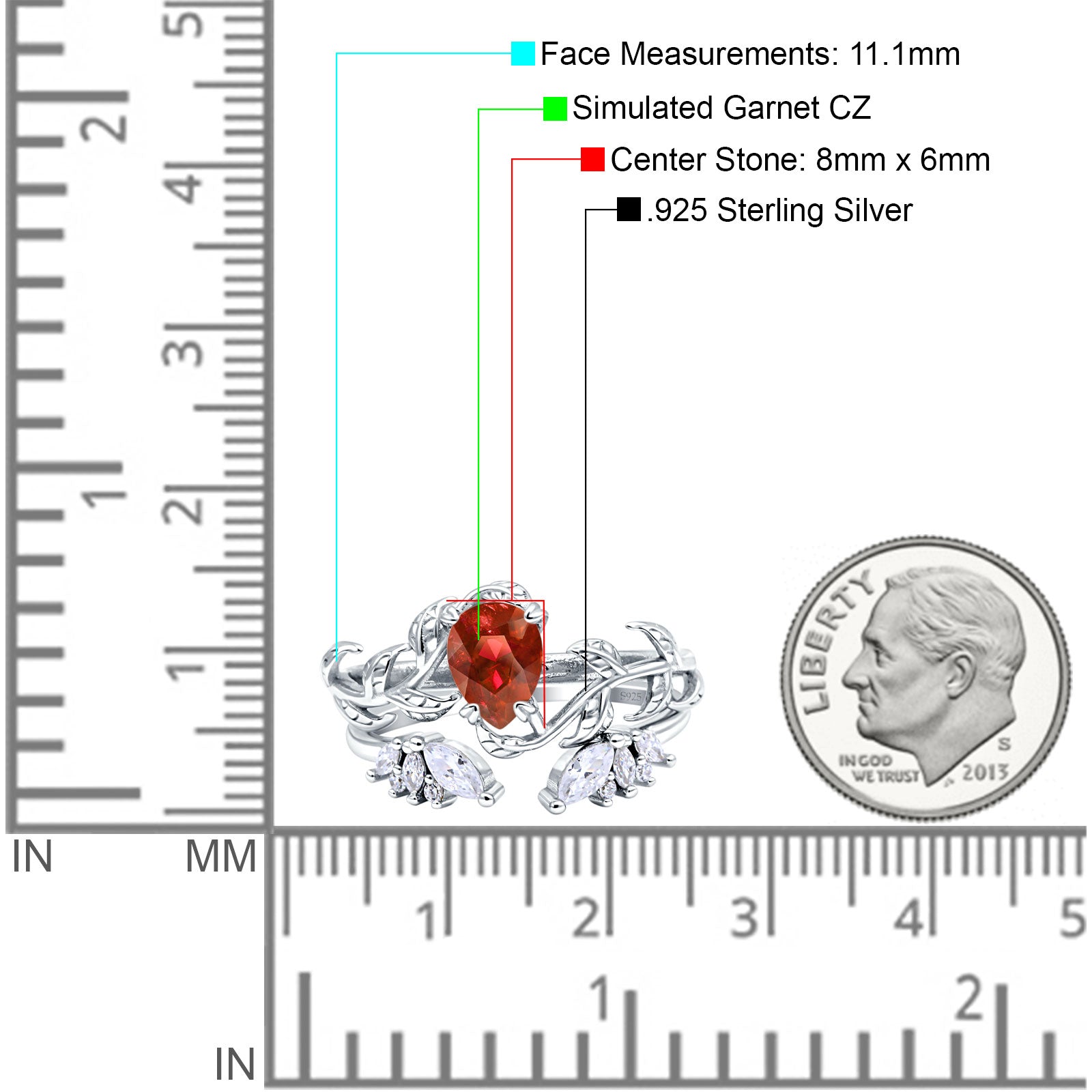 Art Deco Teardrop Pear Leaf Design Wedding Two Piece Ring Simulated Cubic Zirconia Stones 925 Sterling Silver