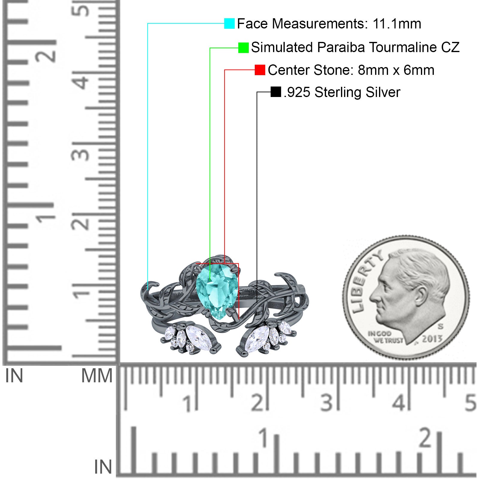 Art Deco Teardrop Pear Leaf Design Wedding Two Piece Ring Simulated Cubic Zirconia Stones 925 Sterling Silver