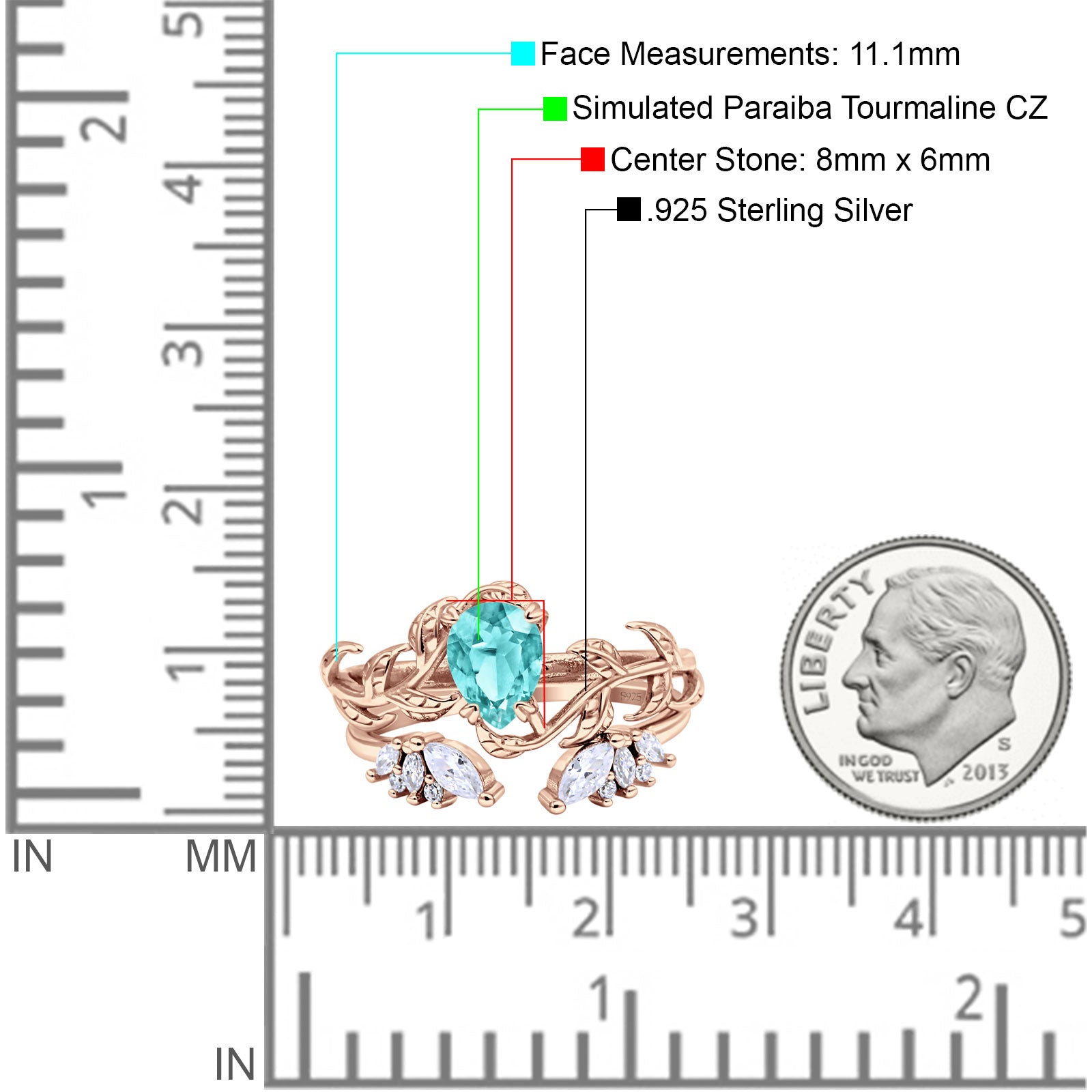 Art Deco Teardrop Pear Leaf Design Wedding Two Piece Ring Simulated Cubic Zirconia Stones 925 Sterling Silver