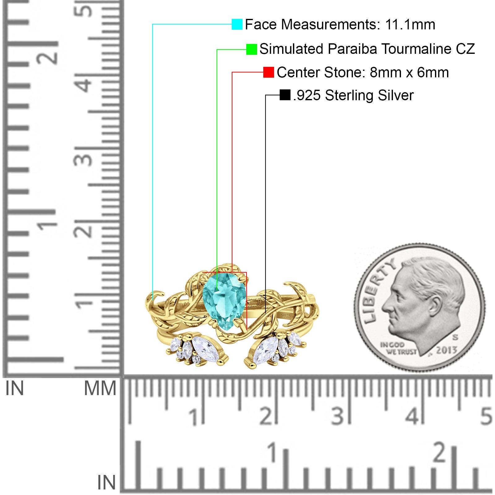 Art Deco Teardrop Pear Leaf Design Wedding Two Piece Ring Simulated Cubic Zirconia Stones 925 Sterling Silver