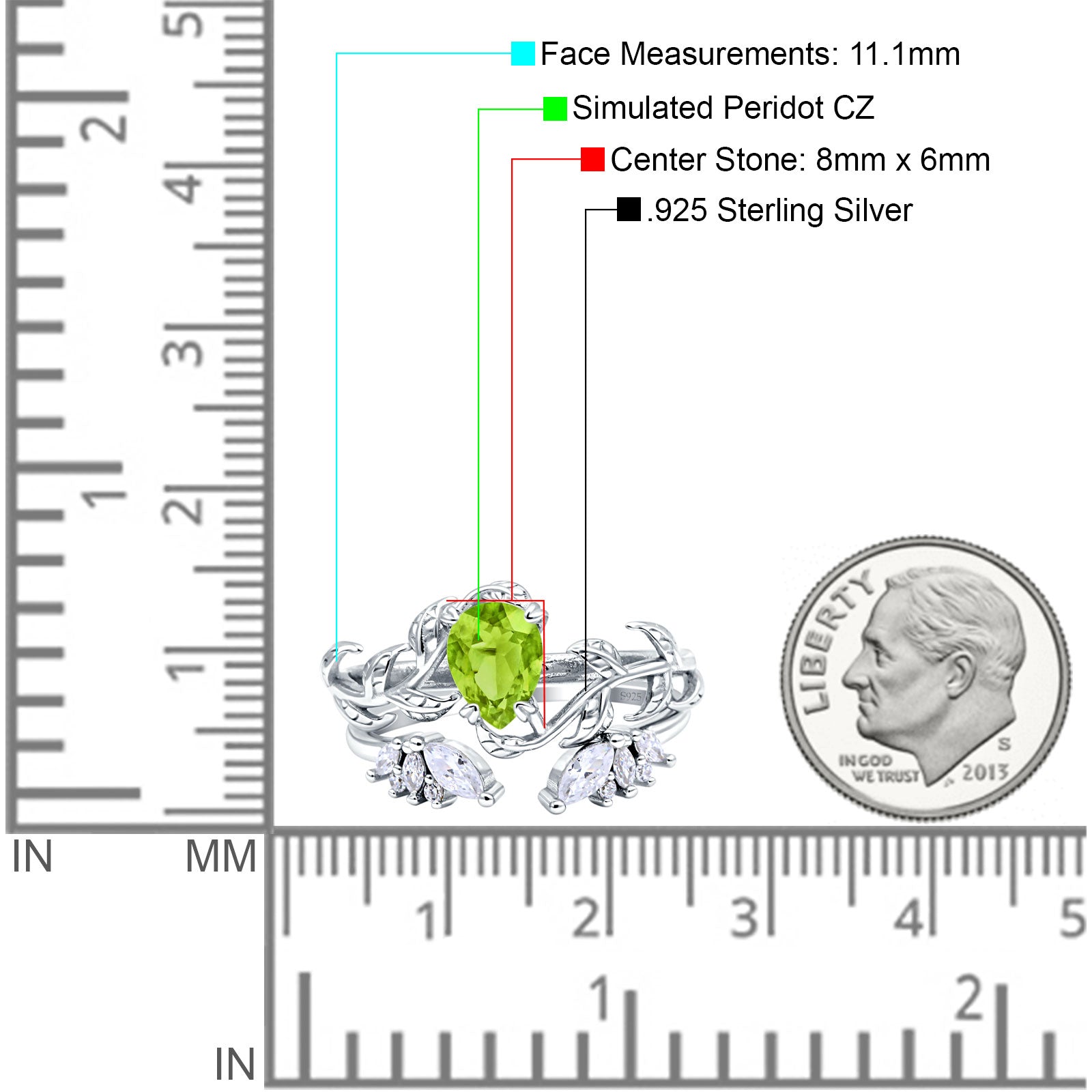 Art Deco Teardrop Pear Leaf Design Wedding Two Piece Ring Simulated Cubic Zirconia Stones 925 Sterling Silver