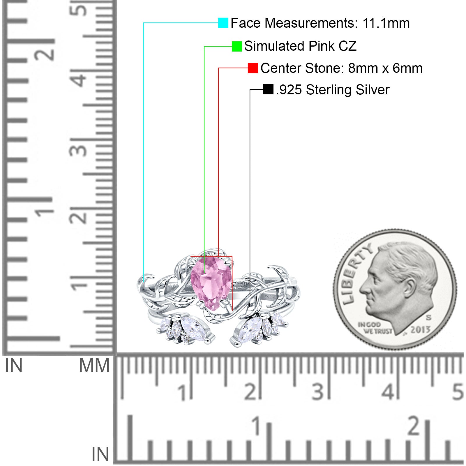 Art Deco Teardrop Pear Leaf Design Wedding Two Piece Ring Simulated Cubic Zirconia Stones 925 Sterling Silver