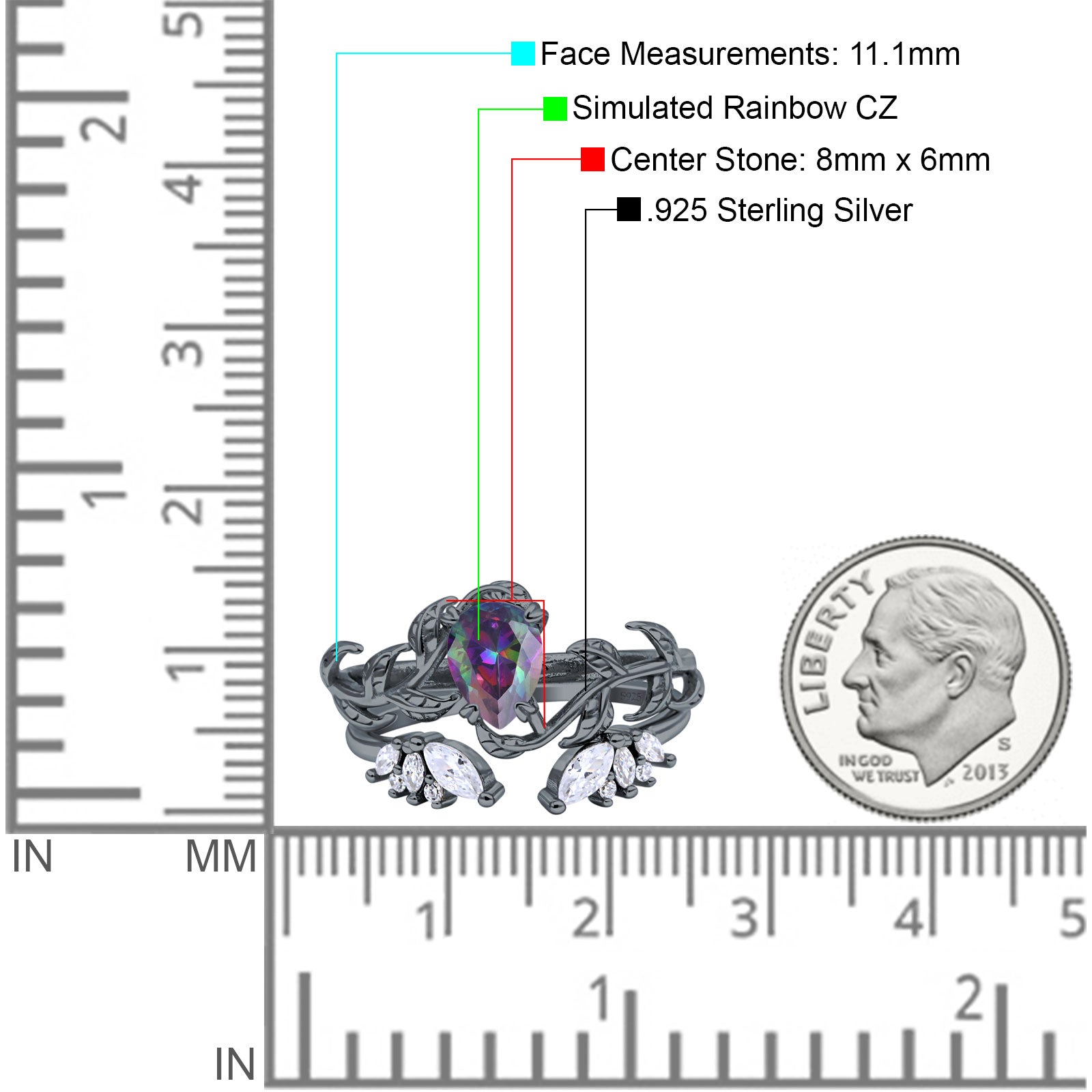 Art Deco Teardrop Pear Leaf Design Wedding Two Piece Ring Simulated Cubic Zirconia Stones 925 Sterling Silver