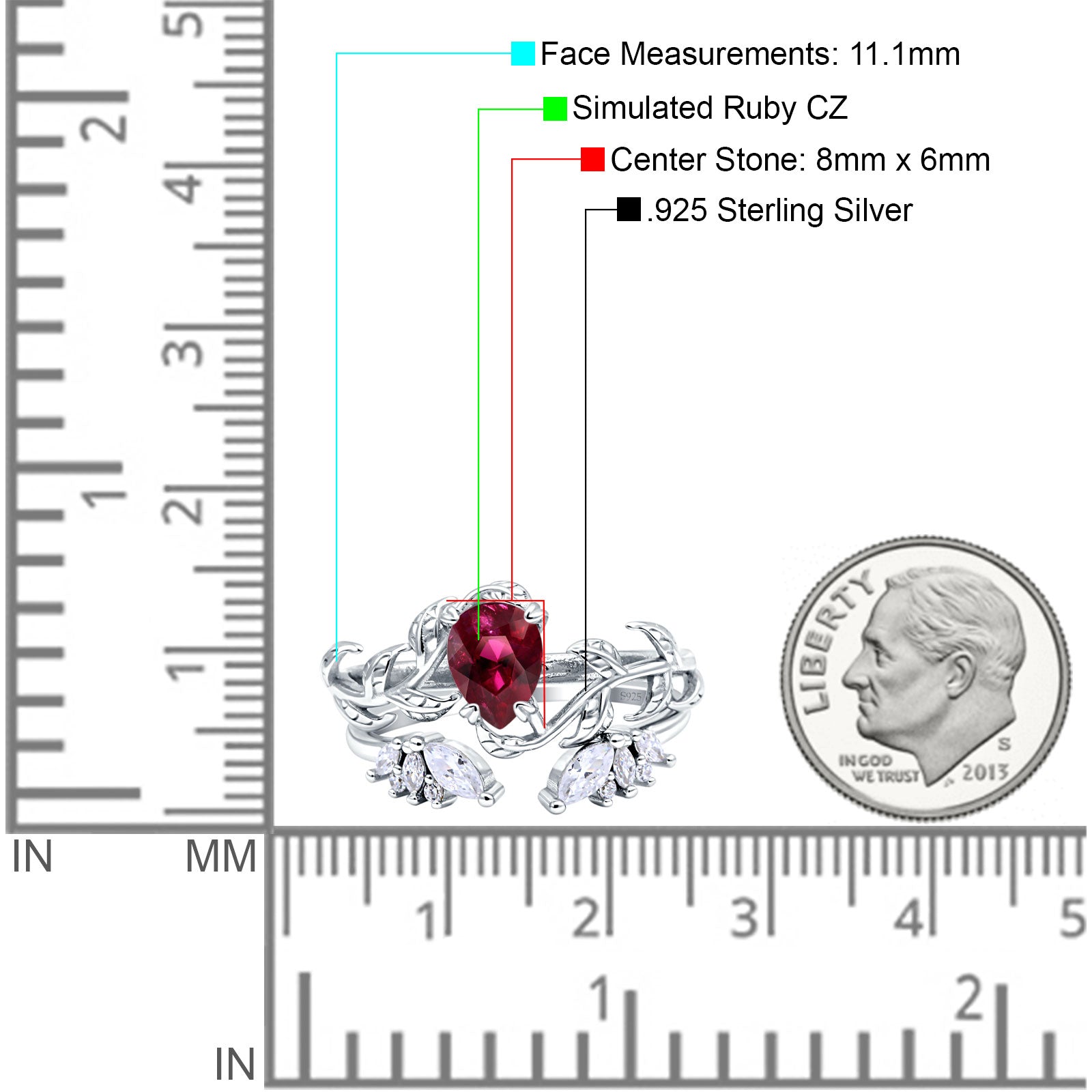 Art Deco Teardrop Pear Leaf Design Wedding Two Piece Ring Simulated Cubic Zirconia Stones 925 Sterling Silver