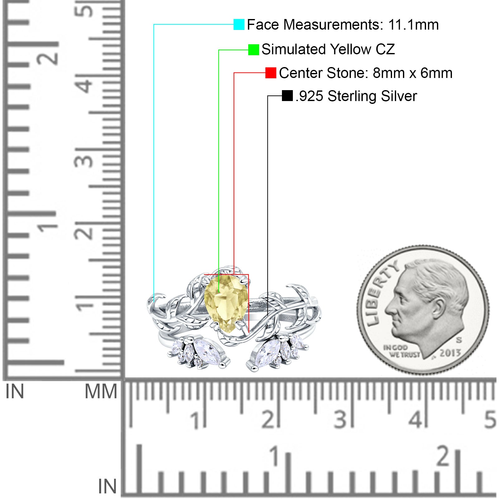 Art Deco Teardrop Pear Leaf Design Wedding Two Piece Ring Simulated Cubic Zirconia Stones 925 Sterling Silver