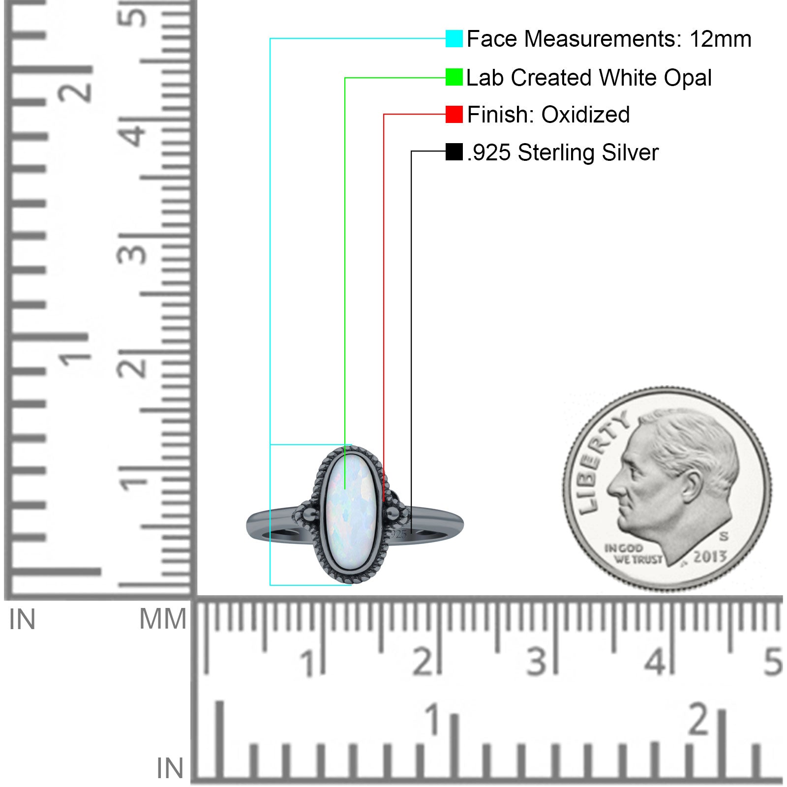 Vintage Style Petite Dainty Lab Opal Ring Solid Oval Oxidized 925 Sterling Silver