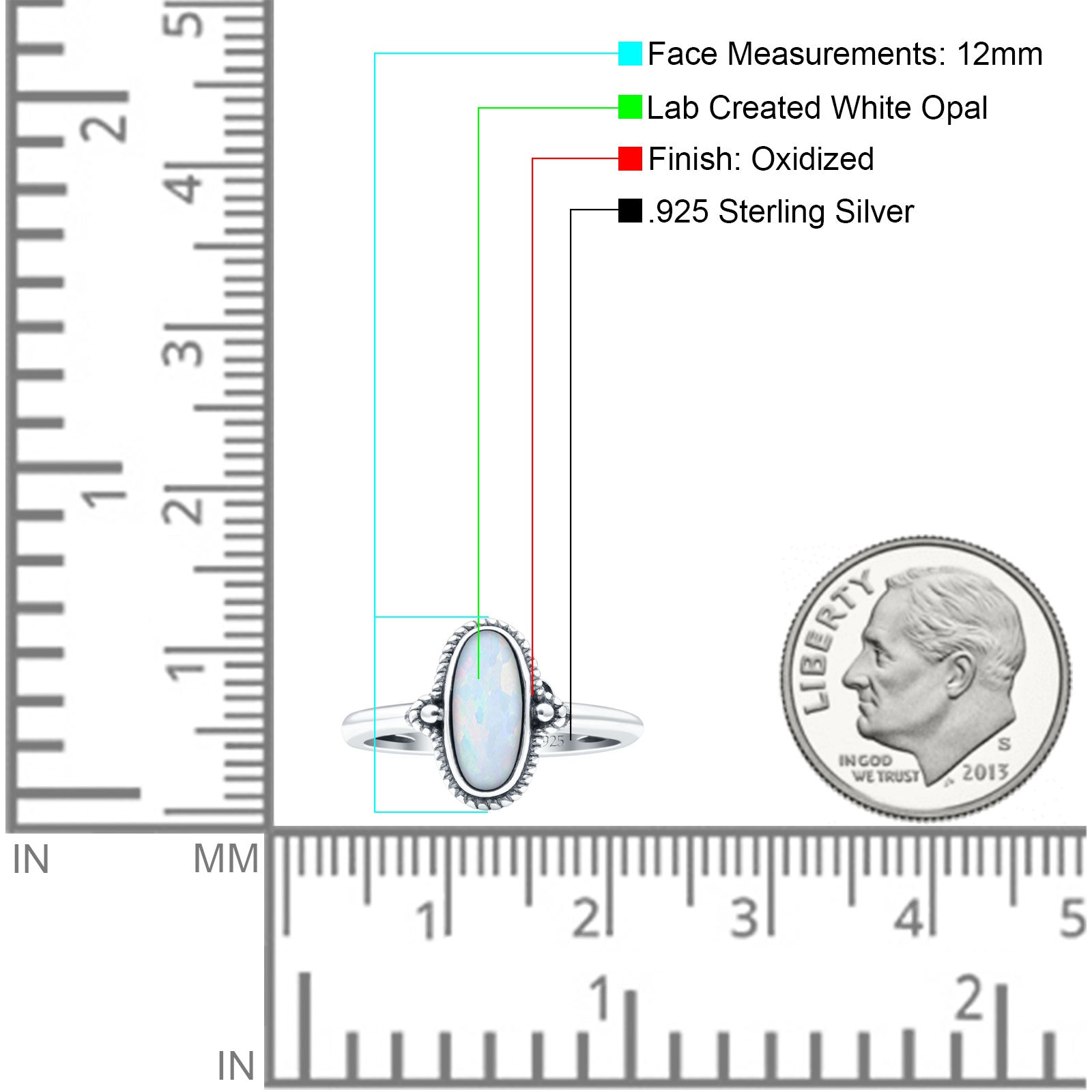 Vintage Style Petite Dainty Lab Opal Ring Solid Oval Oxidized 925 Sterling Silver