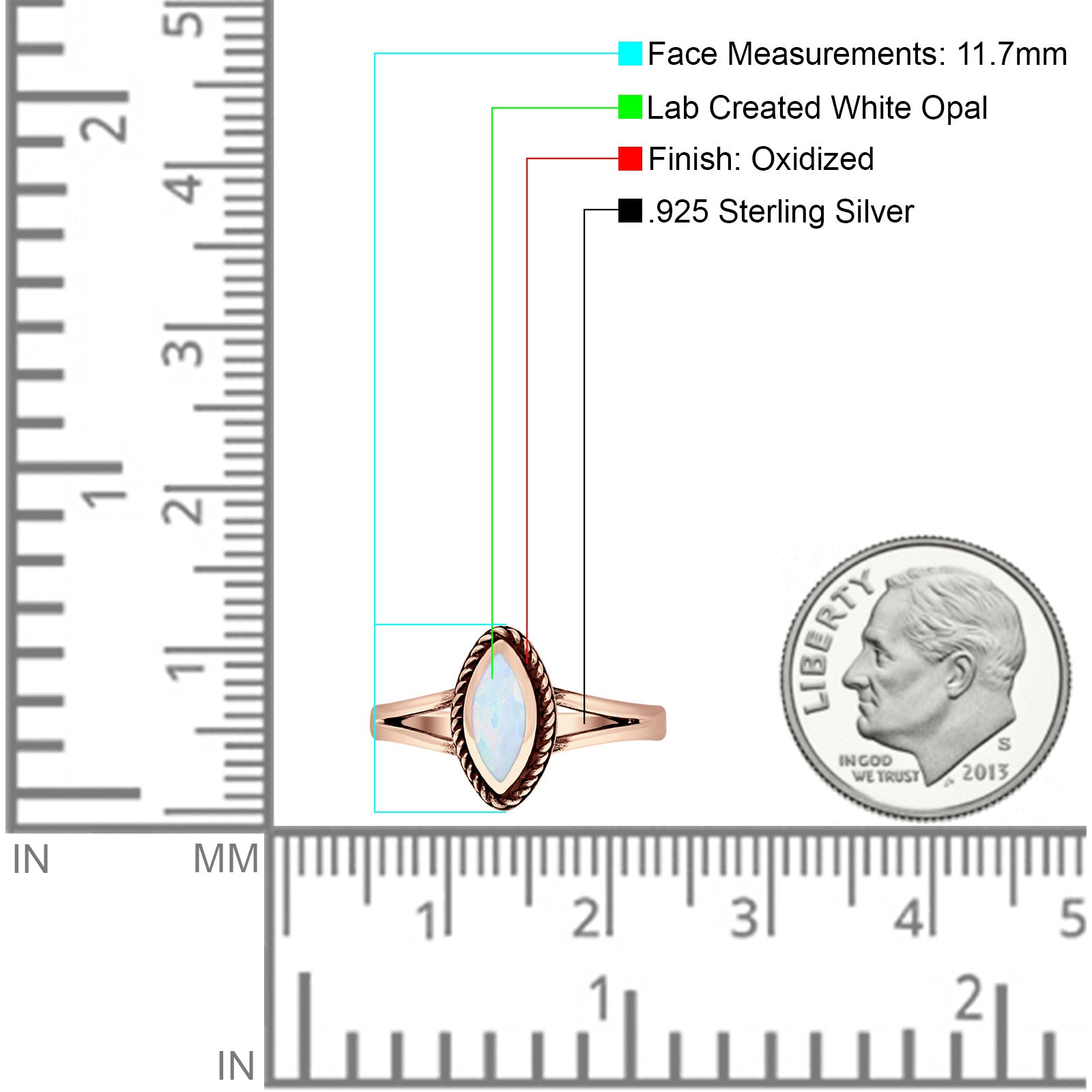 Marquise Twisted Rope Oxidized Split Shank Created Blue & White Opal Thumb Ring 925 Sterling Silver