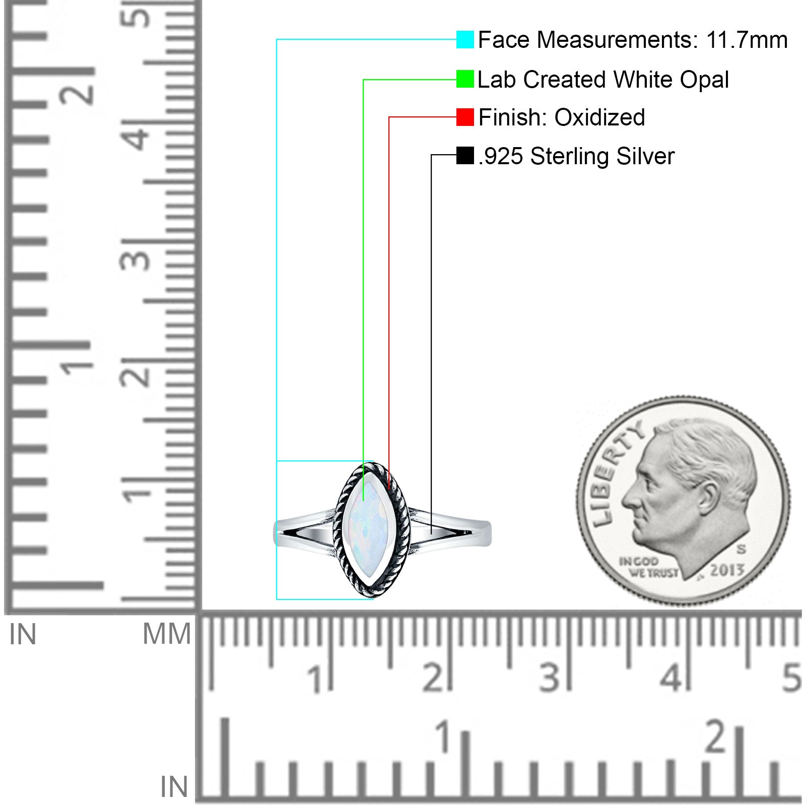 Marquise Twisted Rope Oxidized Split Shank Created Blue & White Opal Thumb Ring 925 Sterling Silver