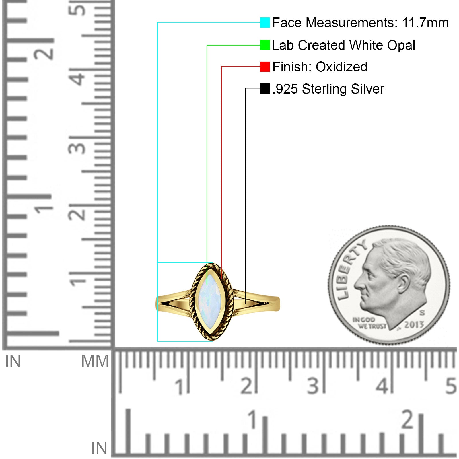 Marquise Twisted Rope Oxidized Split Shank Created Blue & White Opal Thumb Ring 925 Sterling Silver