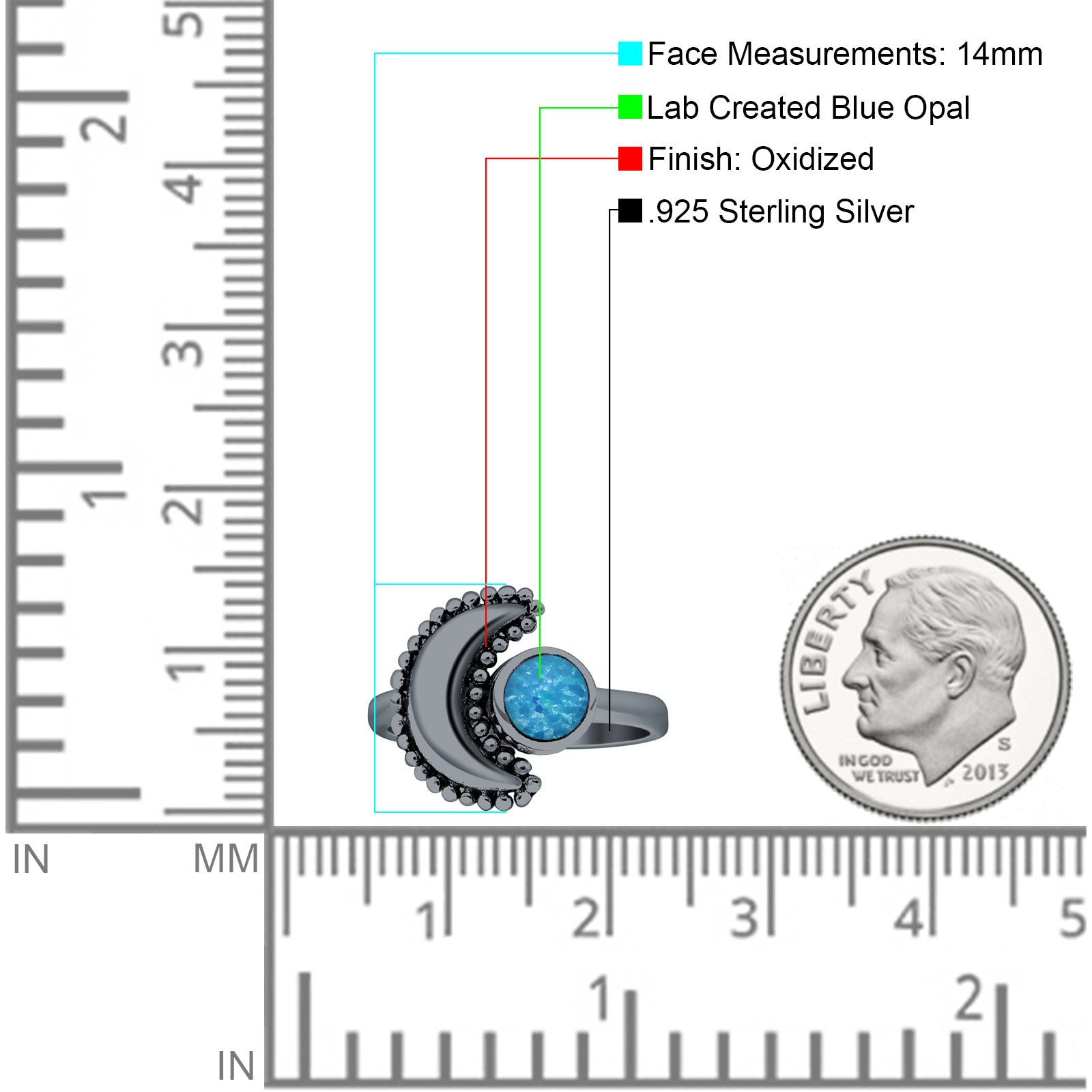 Crescent Moon Ring Opal Oxidized 925 Sterling Silver