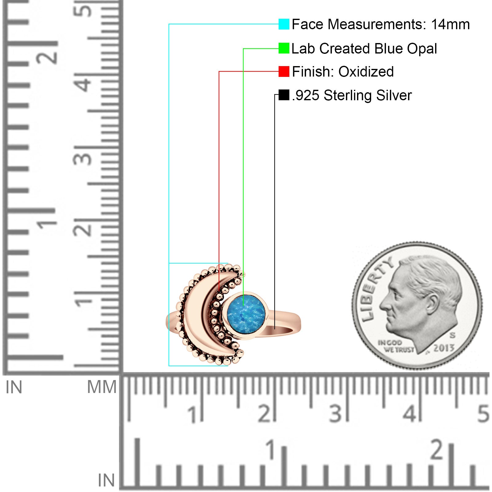 Crescent Moon Ring Opal Oxidized 925 Sterling Silver
