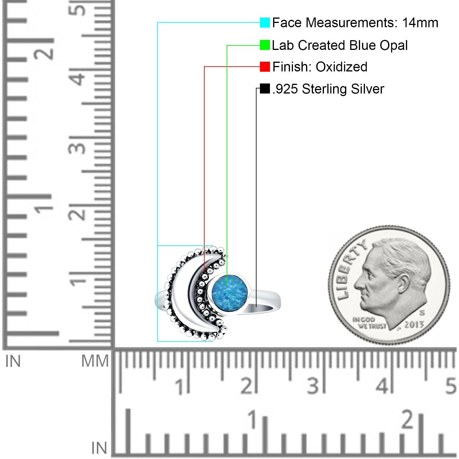 Crescent Moon Ring Opal Oxidized 925 Sterling Silver