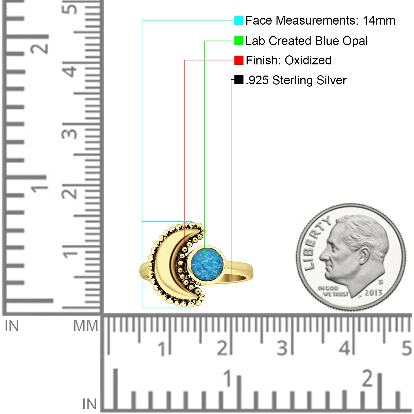 Crescent Moon Ring Opal Oxidized 925 Sterling Silver