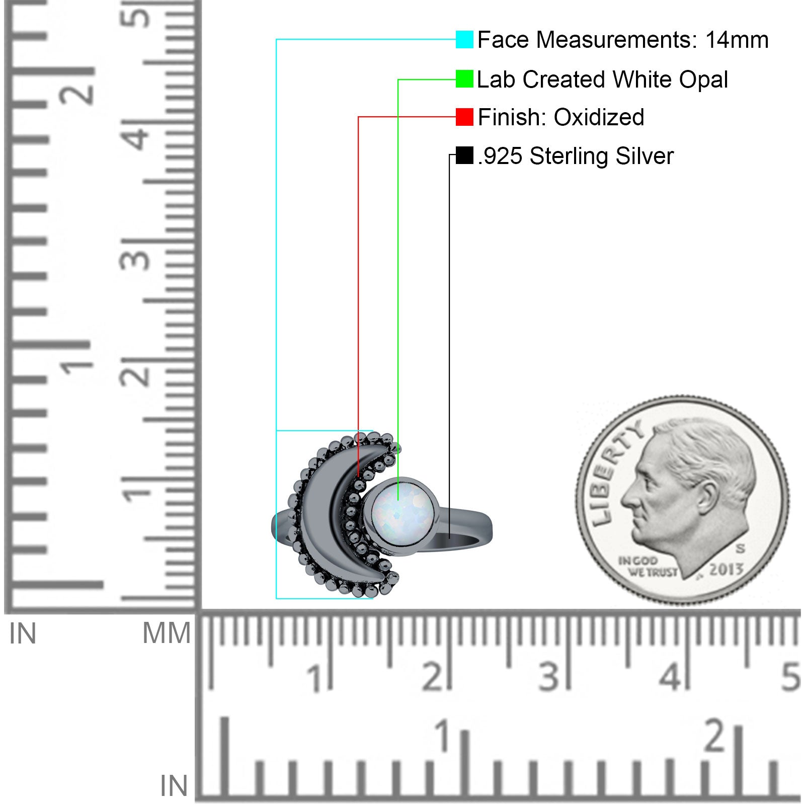 Crescent Moon Ring Opal Oxidized 925 Sterling Silver