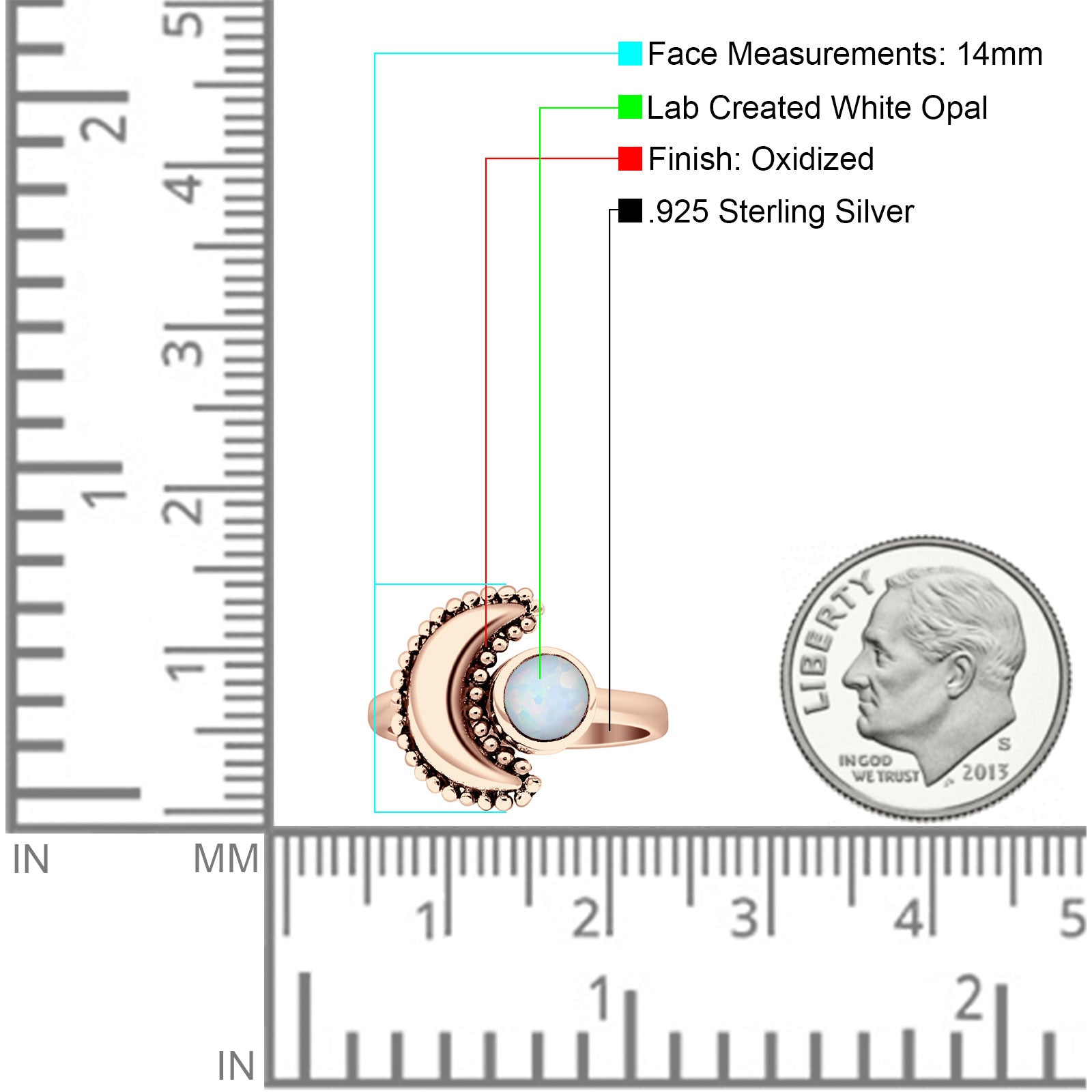 Crescent Moon Ring Opal Oxidized 925 Sterling Silver