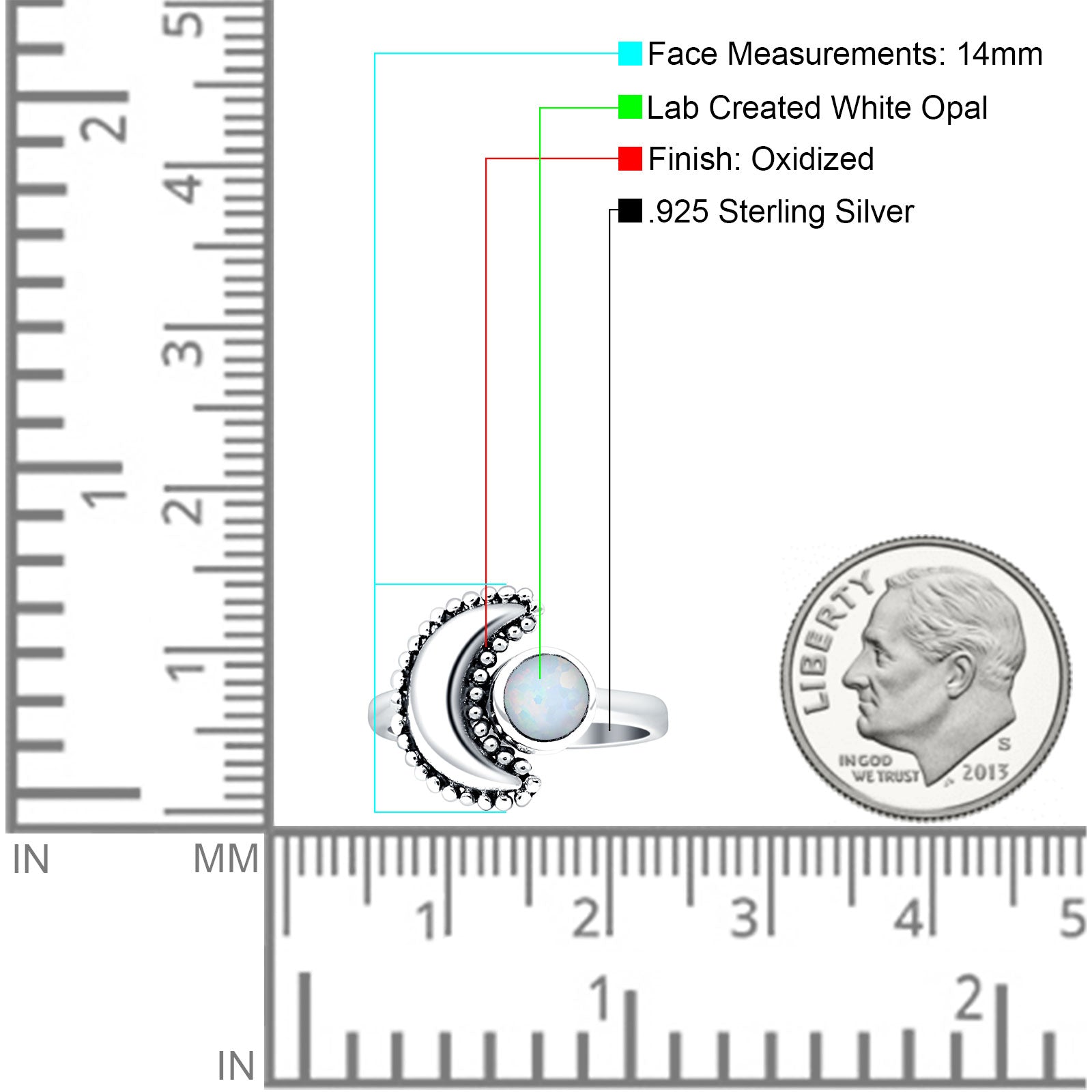 Crescent Moon Ring Opal Oxidized 925 Sterling Silver