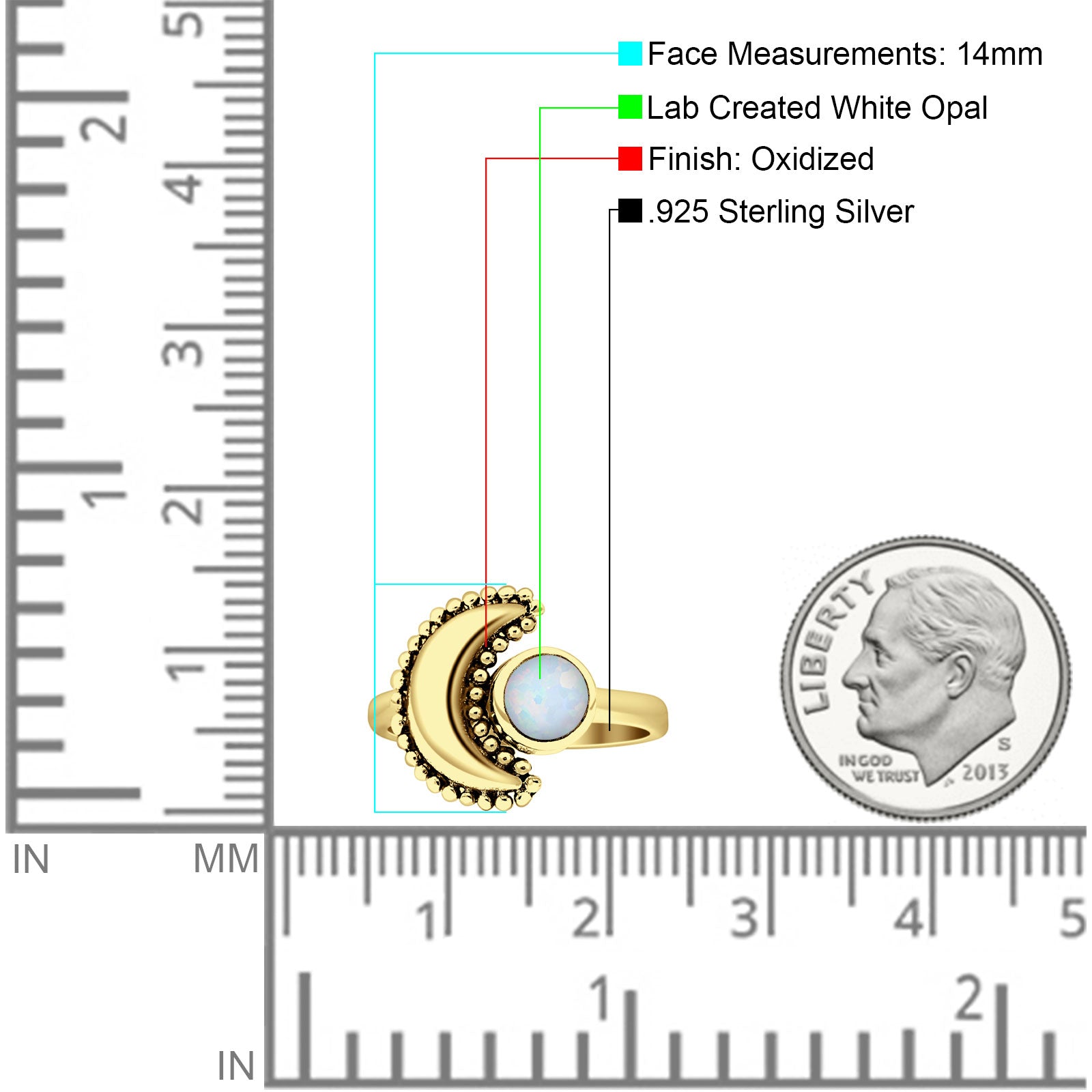 Crescent Moon Ring Opal Oxidized 925 Sterling Silver