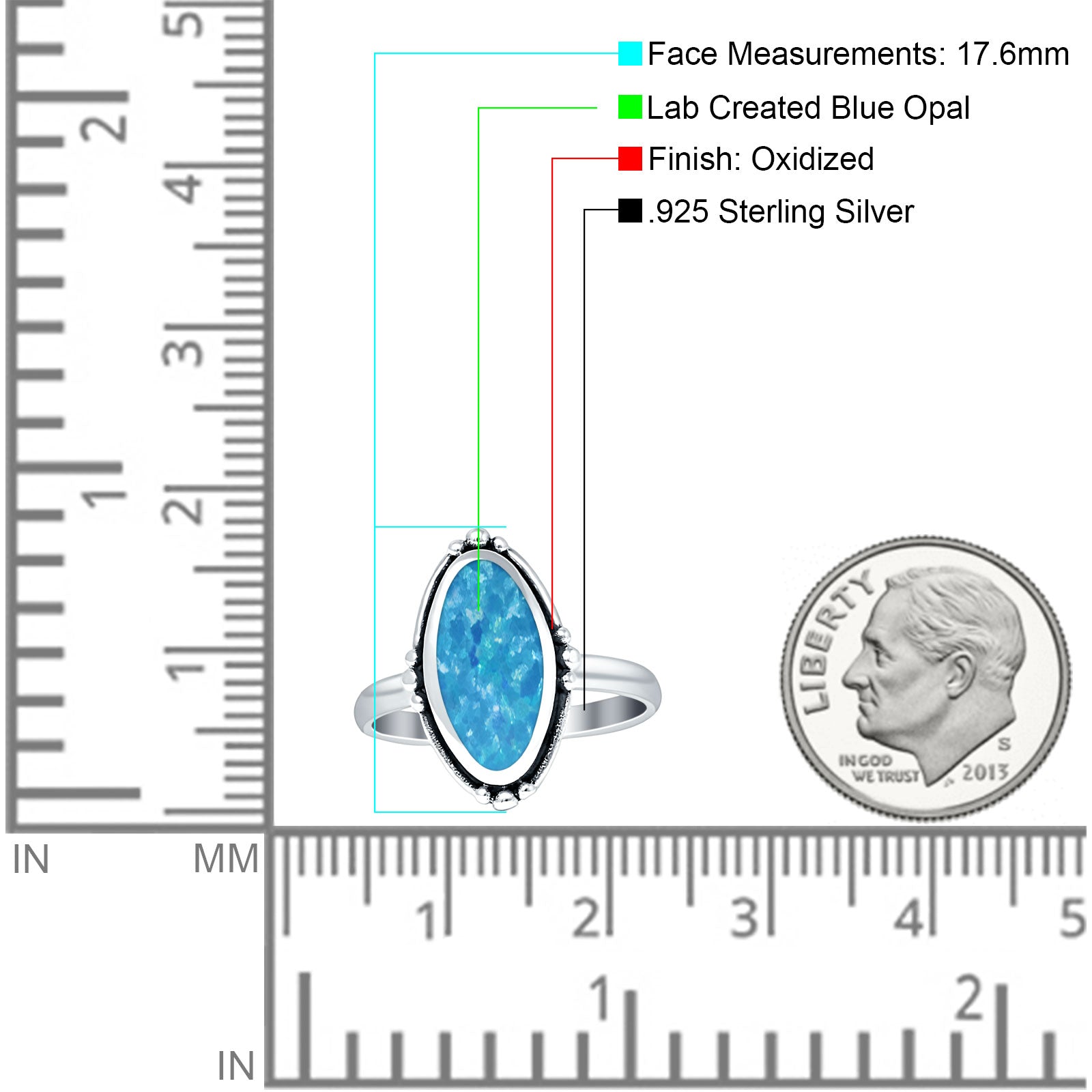 Oval Oxidized Created White & Blue Opal Thumb Ring 925 Sterling Silver