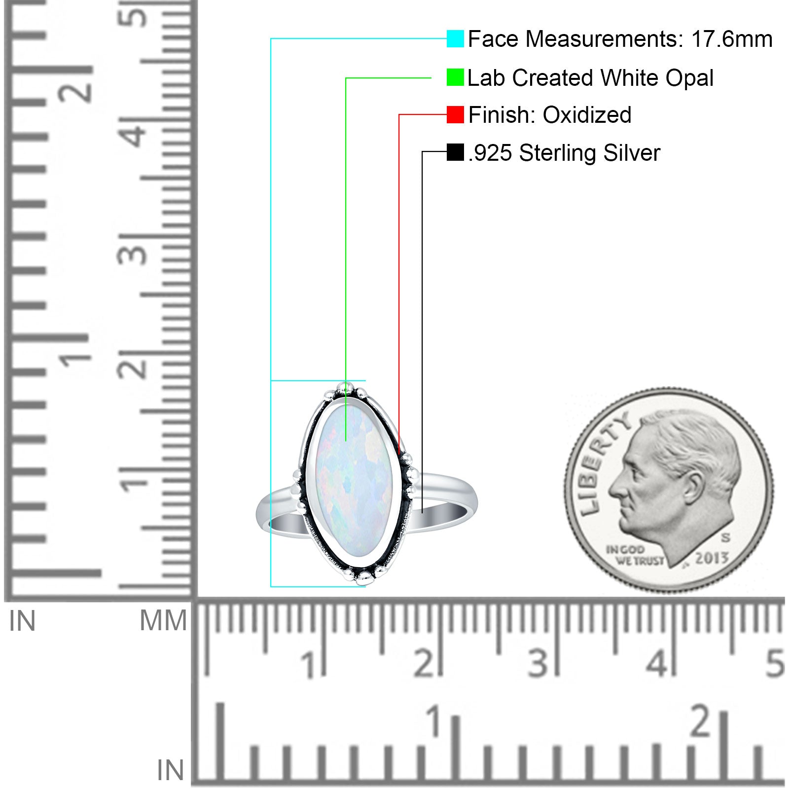 Oval Oxidized Created White & Blue Opal Thumb Ring 925 Sterling Silver